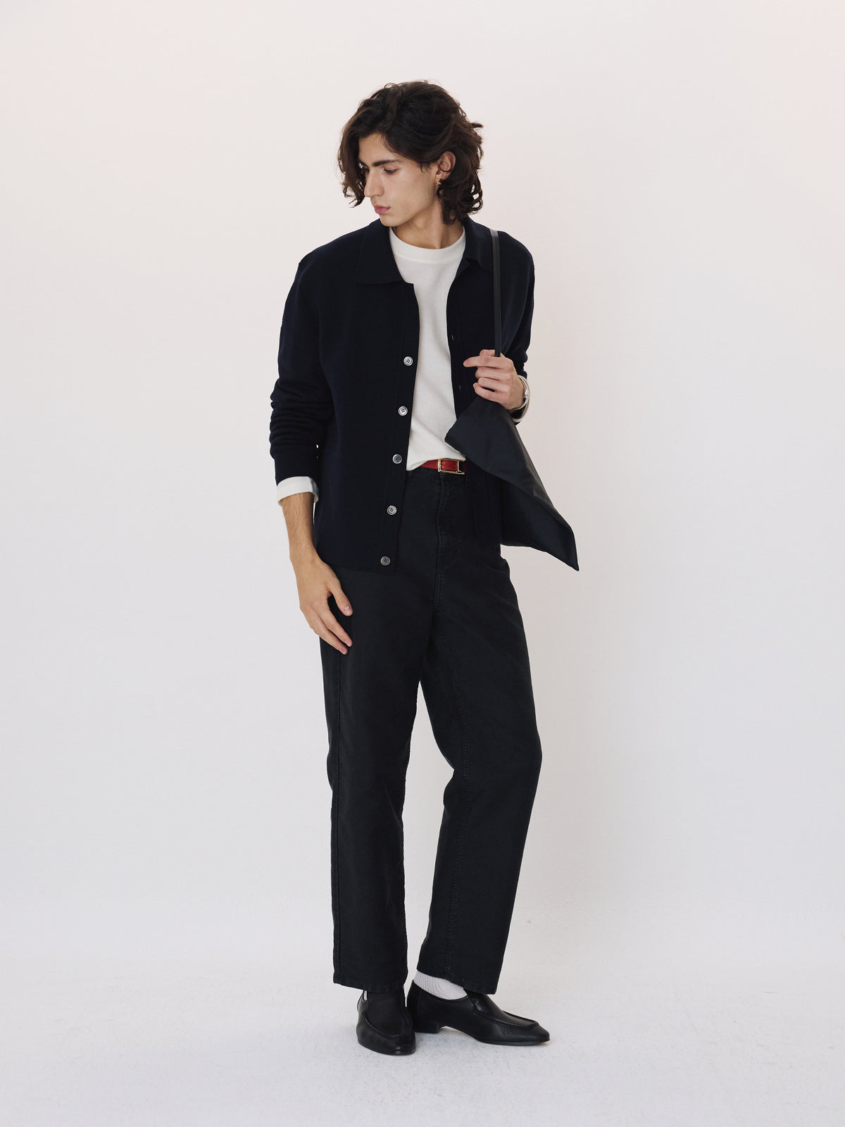 Open Collar Knit Cardigan (Dark Navy)