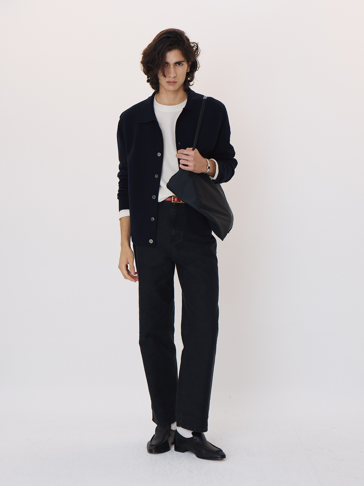 Open Collar Knit Cardigan (Dark Navy)