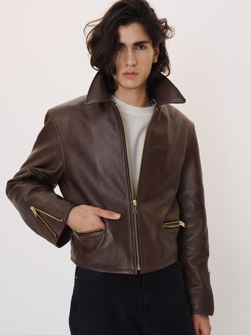 Zip Detail Leather Jumper (Vintage Brown)