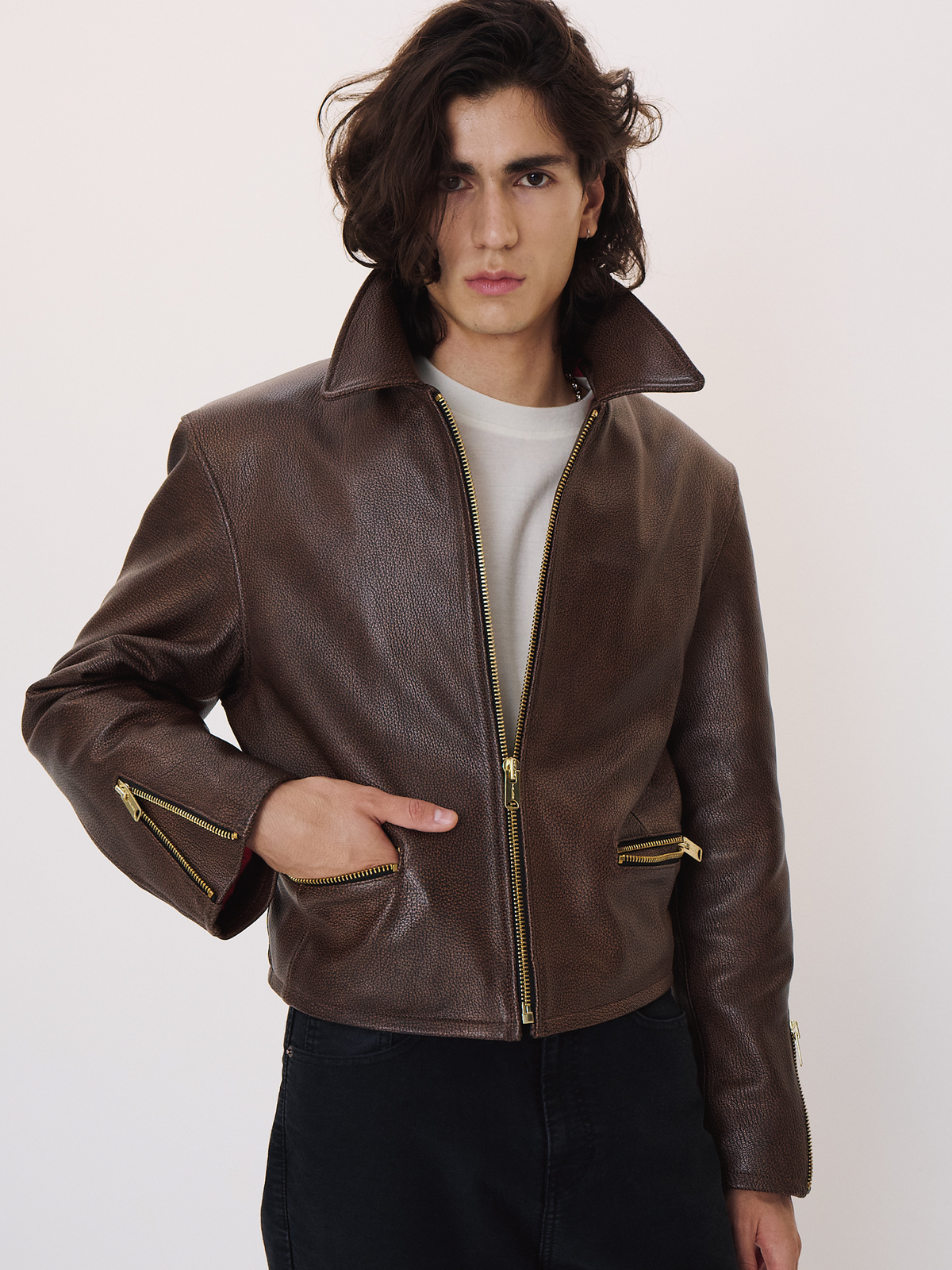 Zip Detail Leather Jumper (Vintage Brown)
