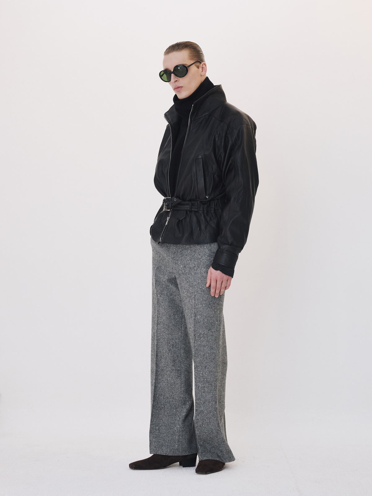 High Neck Belted Leather Jumper (Black)