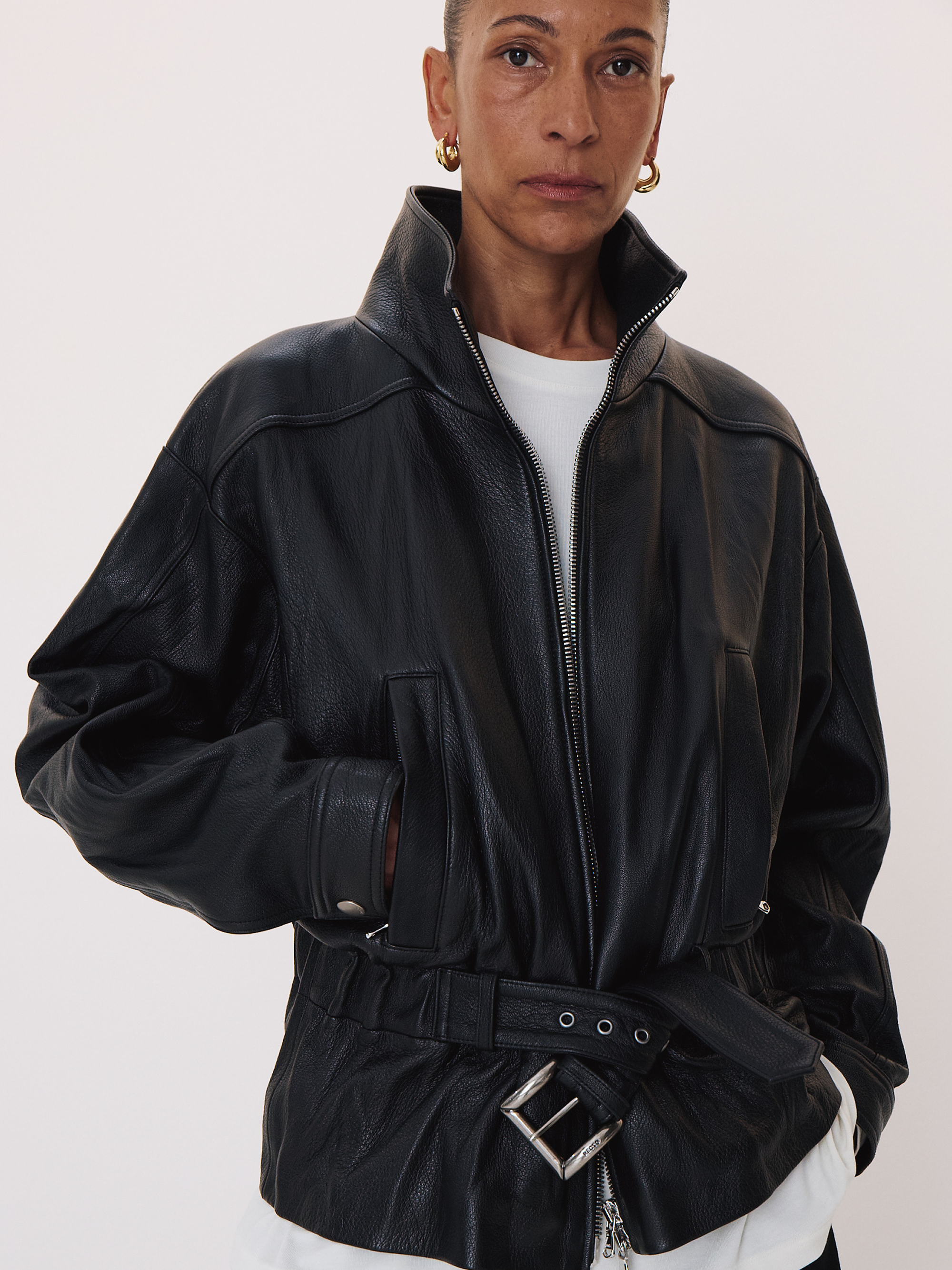 High Neck Belted Leather Jumper (Black)