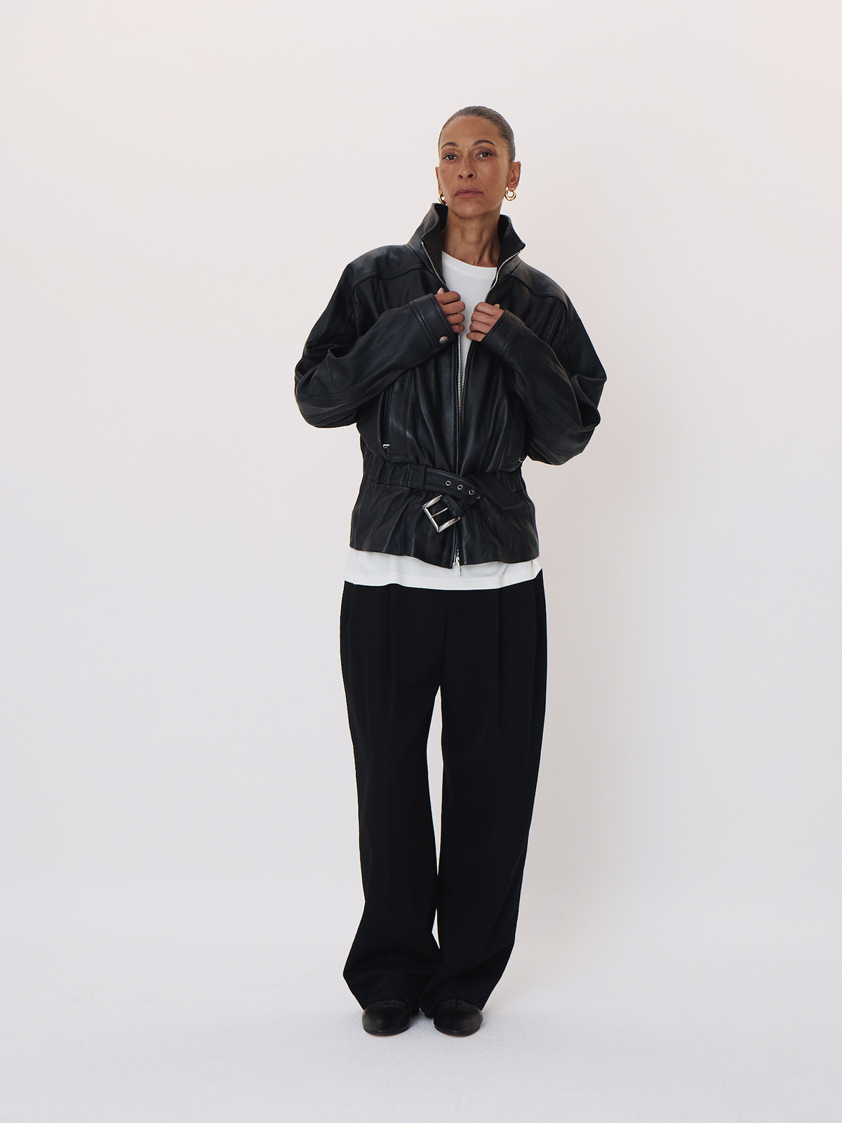 High Neck Belted Leather Jumper (Black)