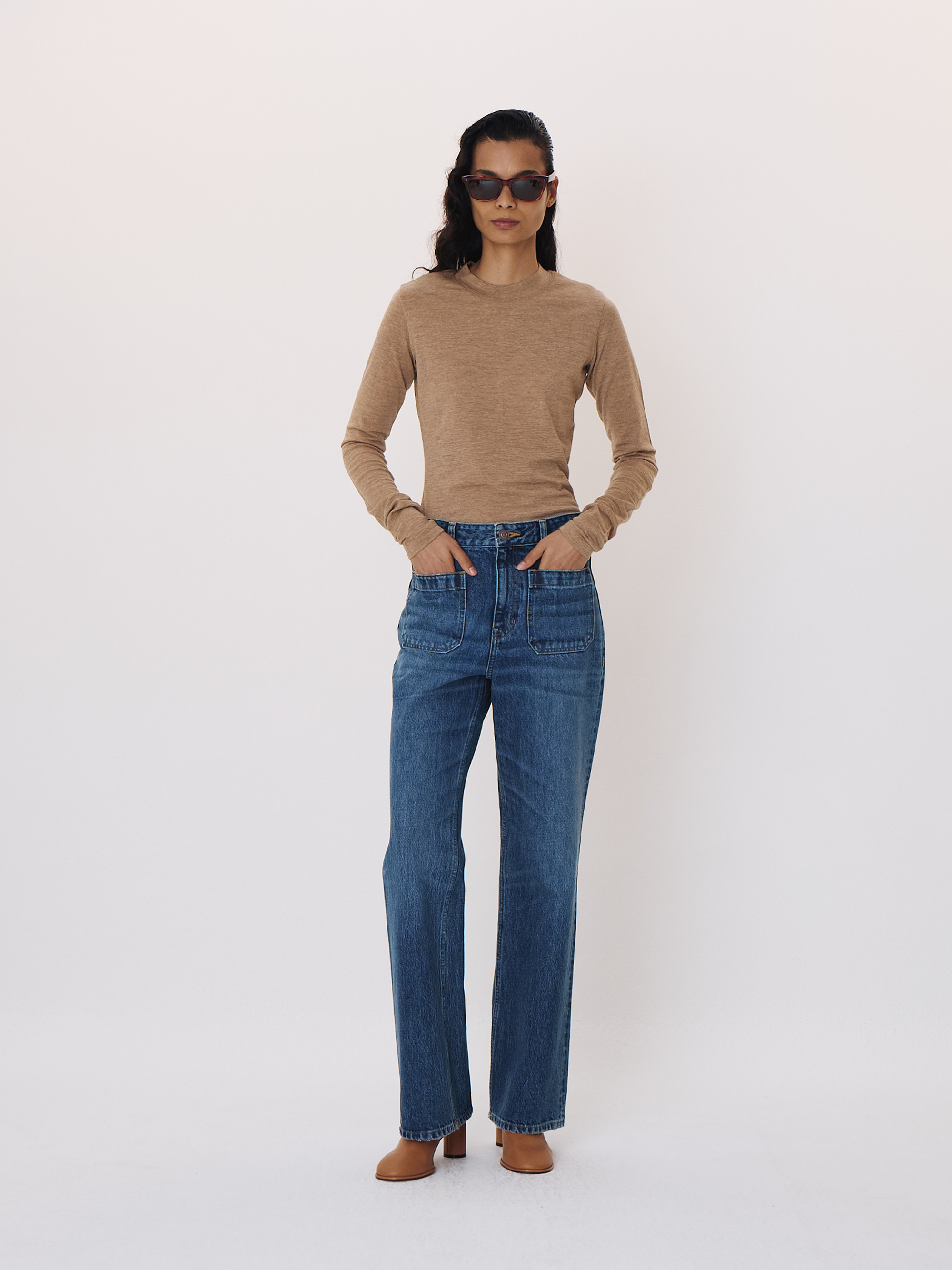 Front Pocket Flare Denim Pants (Dusty Blue)