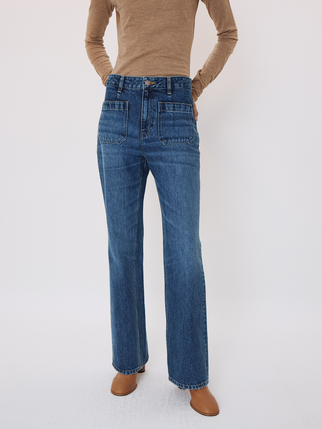 Front Pocket Flare Denim Pants (Dusty Blue)