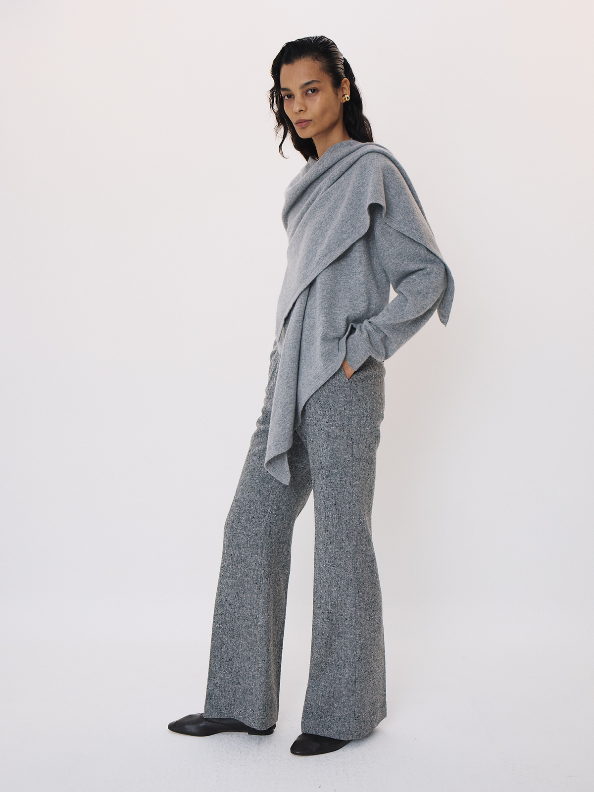 Layered Shawl Knit Top (Melange Grey)