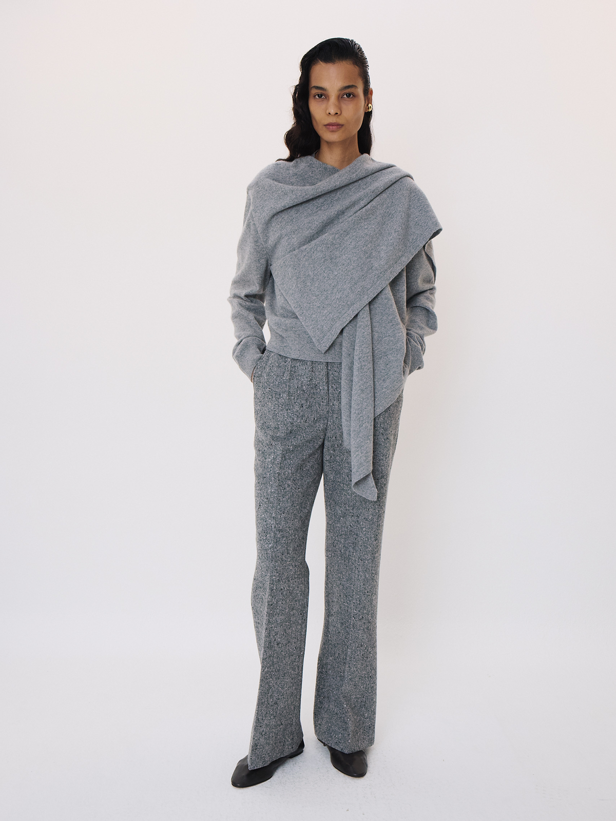 Layered Shawl Knit Top (Melange Grey)