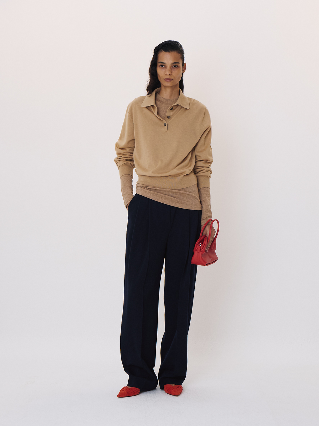 Classic Wool Polo Knit Top (Beige)