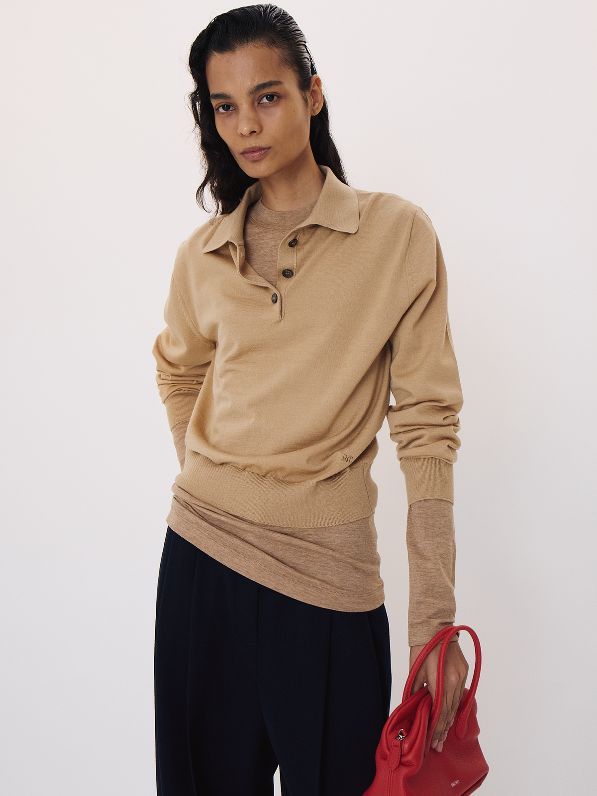 Classic Wool Polo Knit Top (Beige)