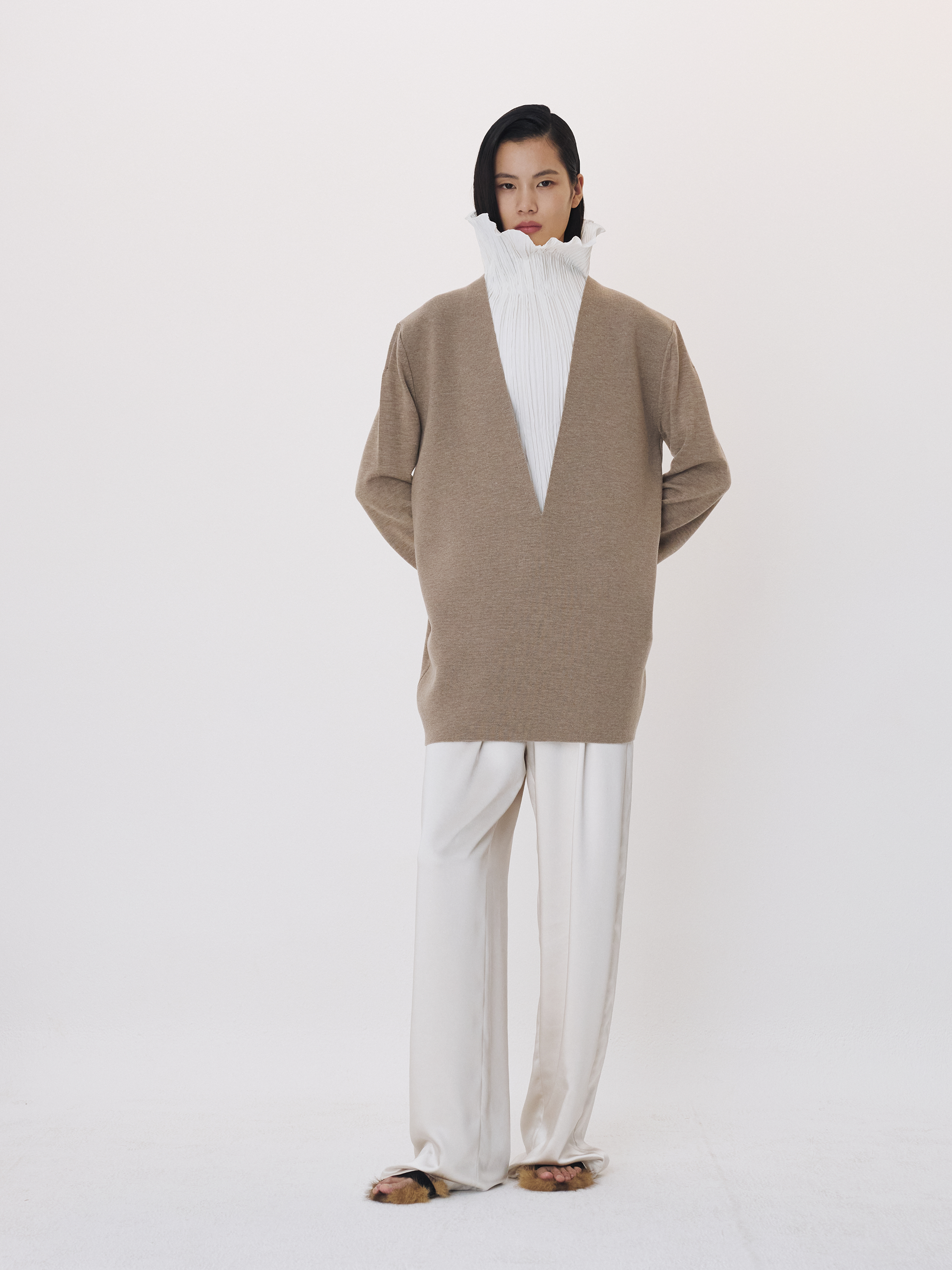 Deep V-Neck Knit Top (Sepia Beige)