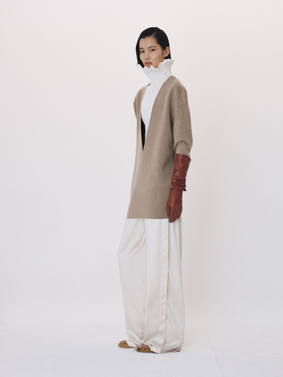 Deep V-Neck Knit Top (Sepia Beige)