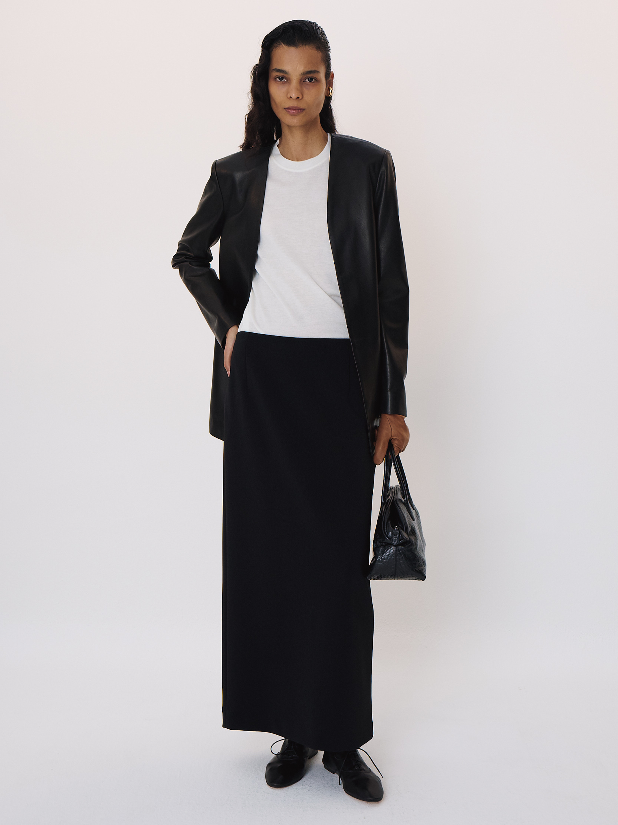 Collarless Leather Jacket (Black)