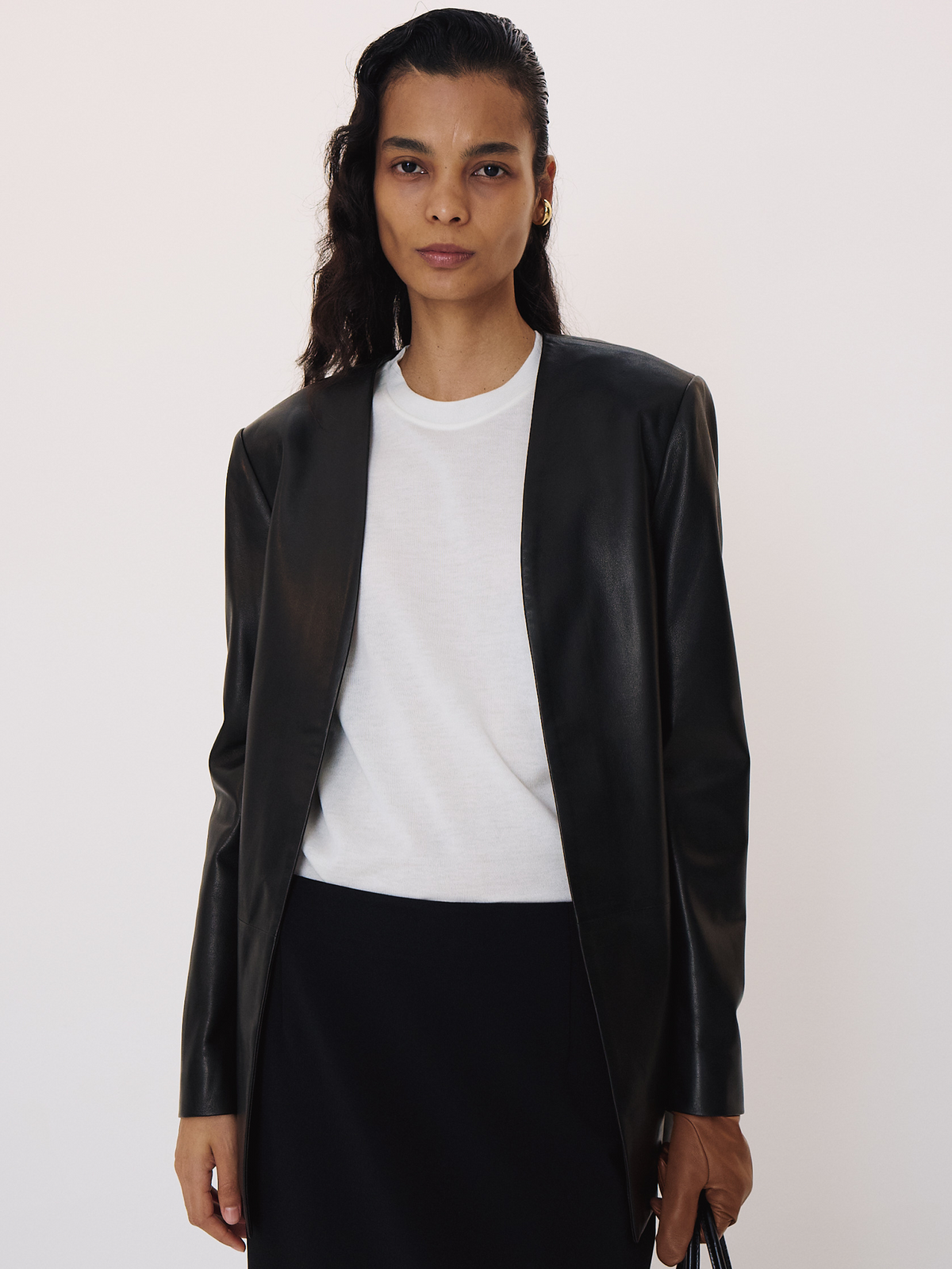 Collarless Leather Jacket (Black)
