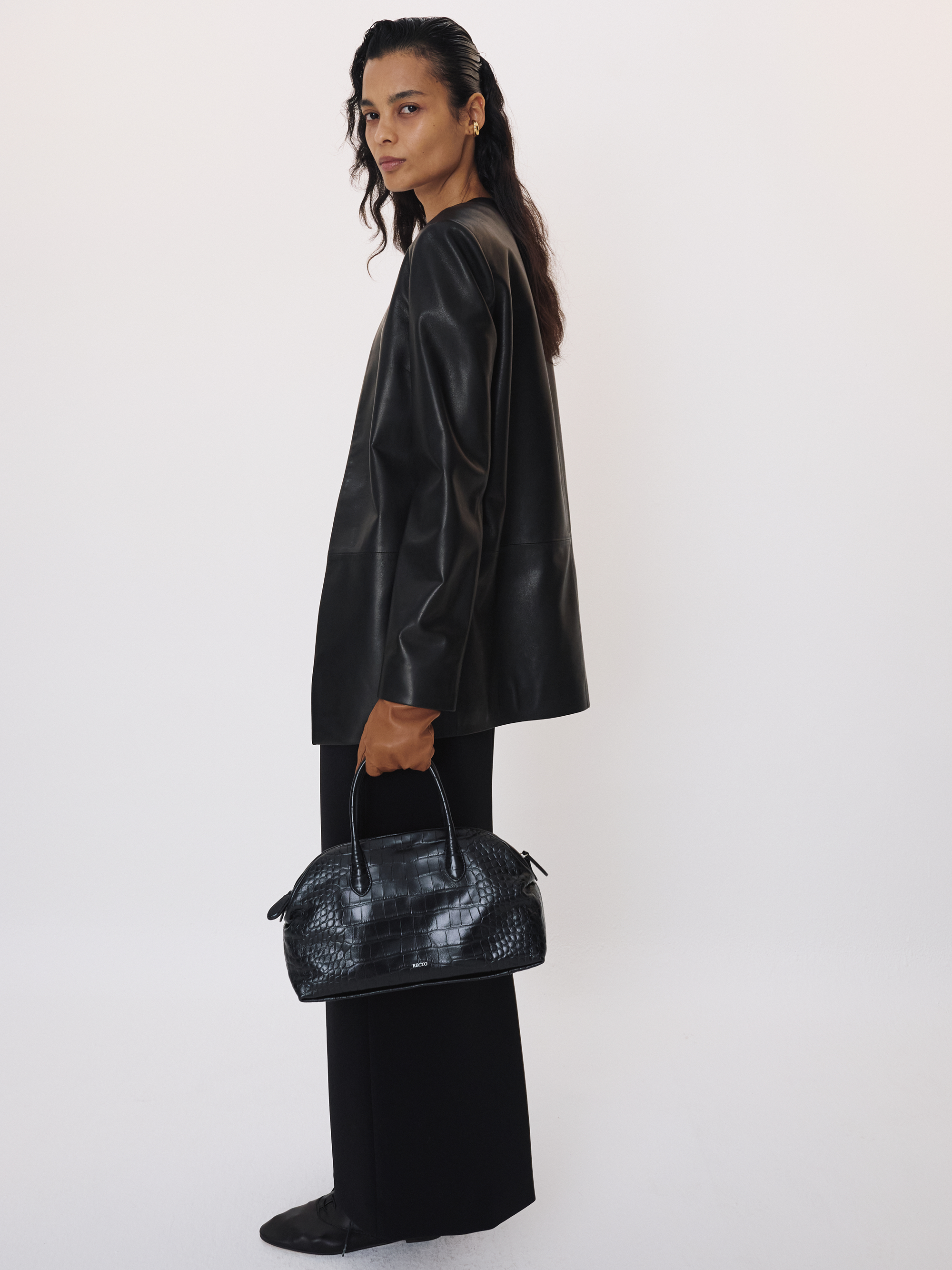 Collarless Leather Jacket (Black)