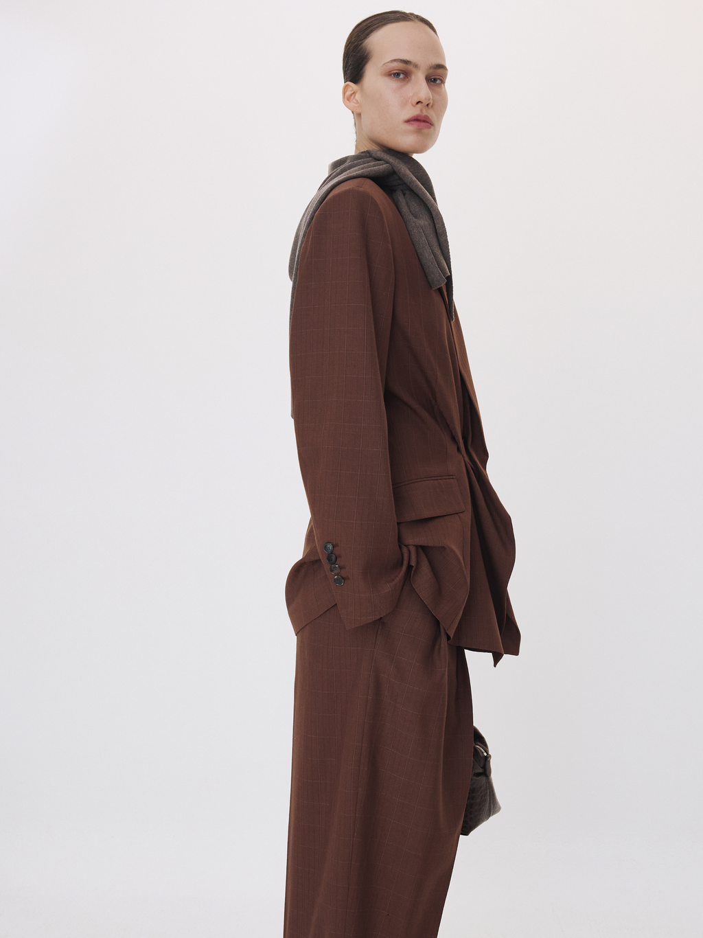 Draped Detail Check Jacket (Vintage Brown)