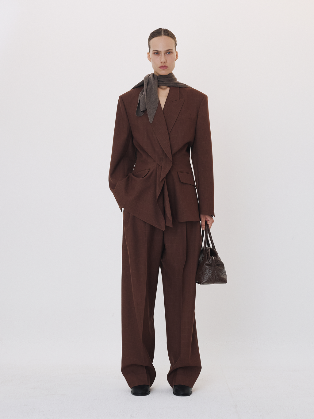 Draped Detail Check Jacket (Vintage Brown)