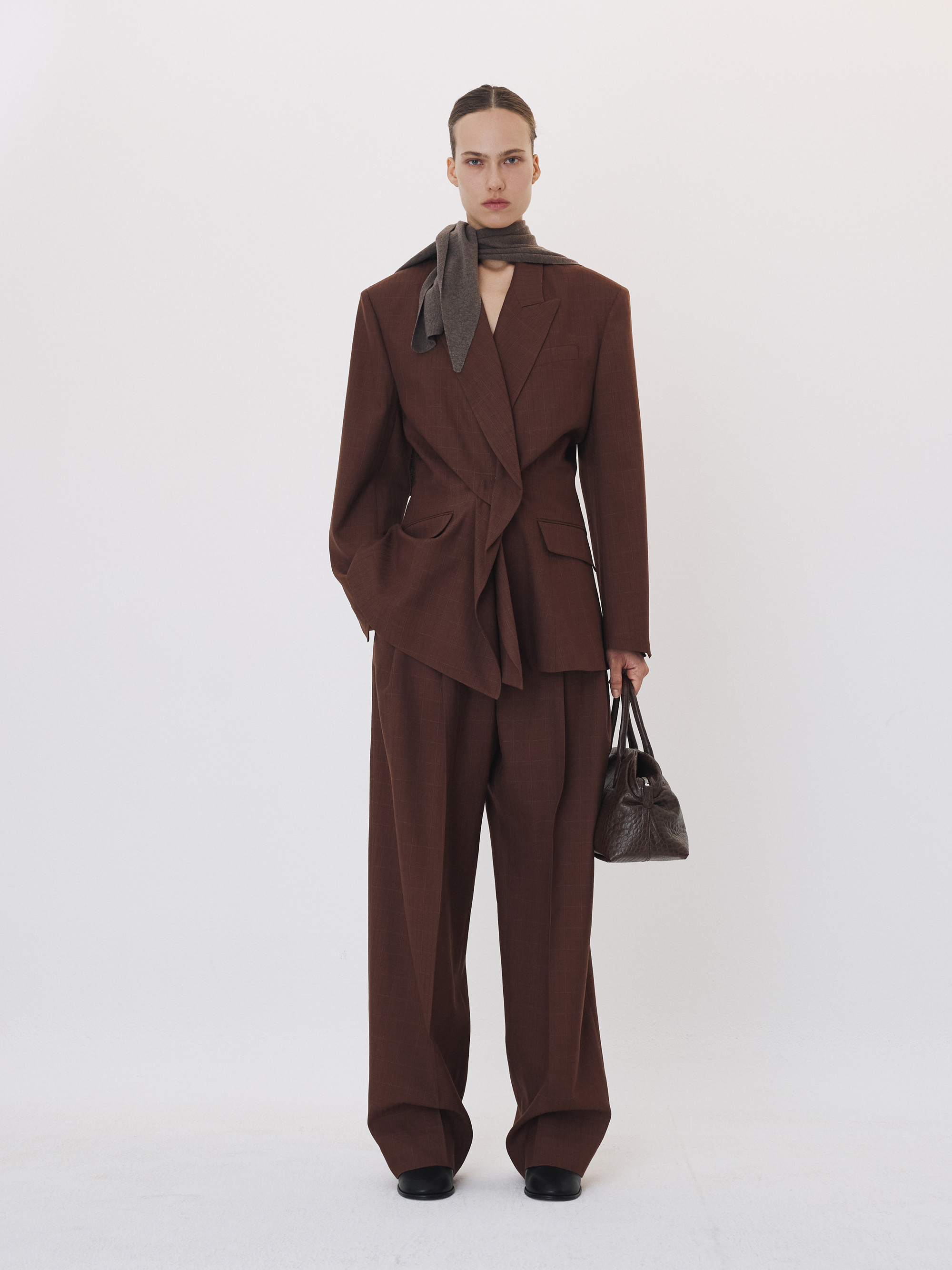Draped Detail Check Jacket (Vintage Brown)