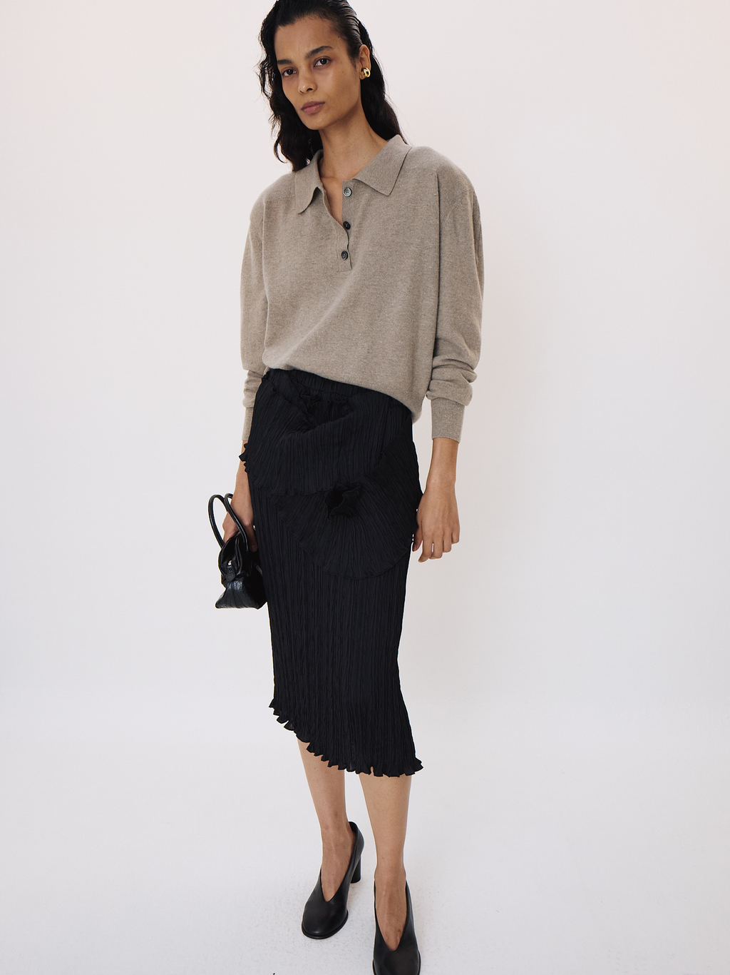 Pleated Draped Waist Skirt (Black)