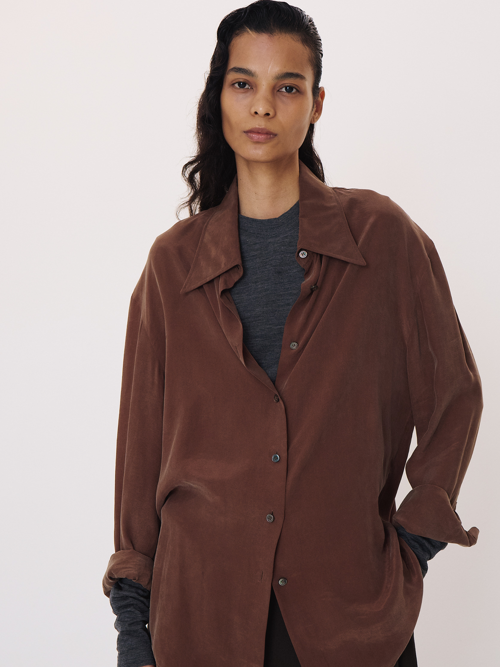 Point Collar Fluid Shirt (Marron)