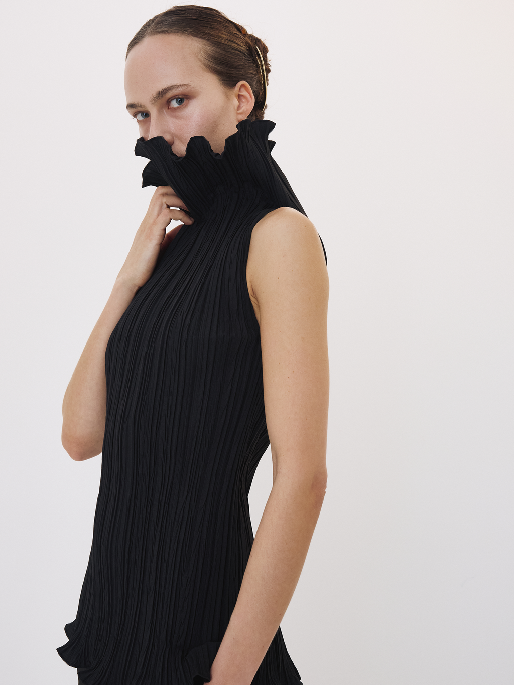 Pleated High Neck Top (Black)