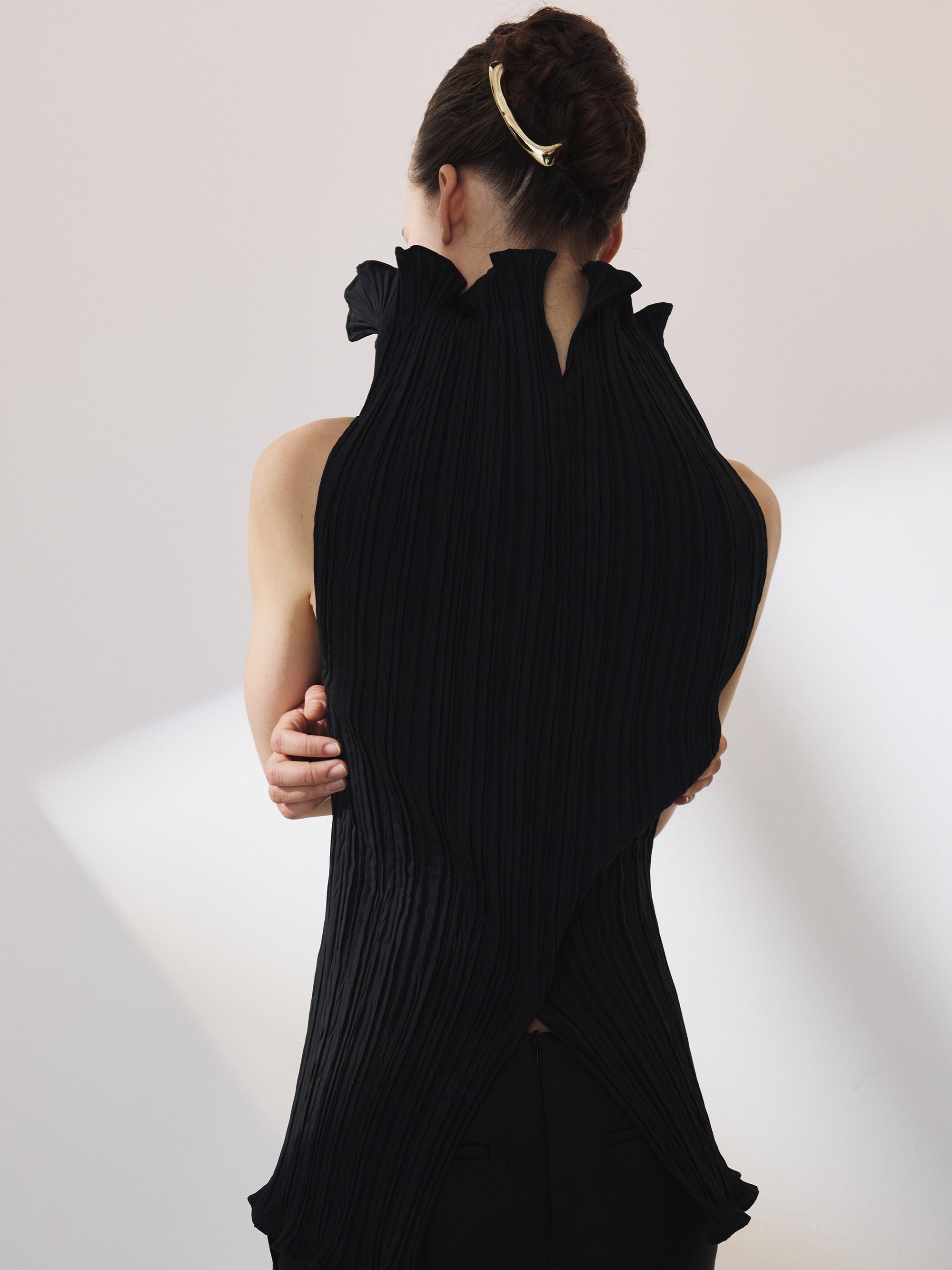 Pleated High Neck Top (Black)