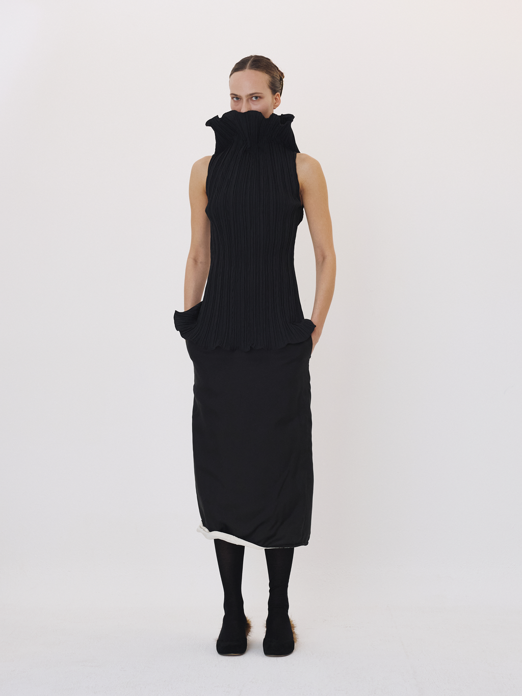 Pleated High Neck Top (Black)