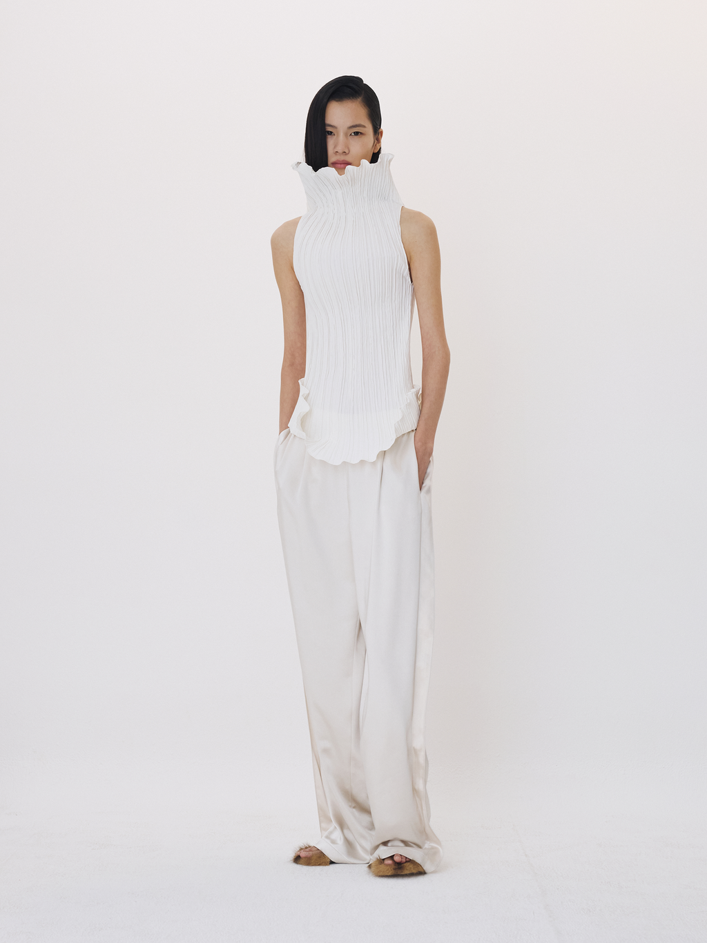 Pleated High Neck Top (Ivory)