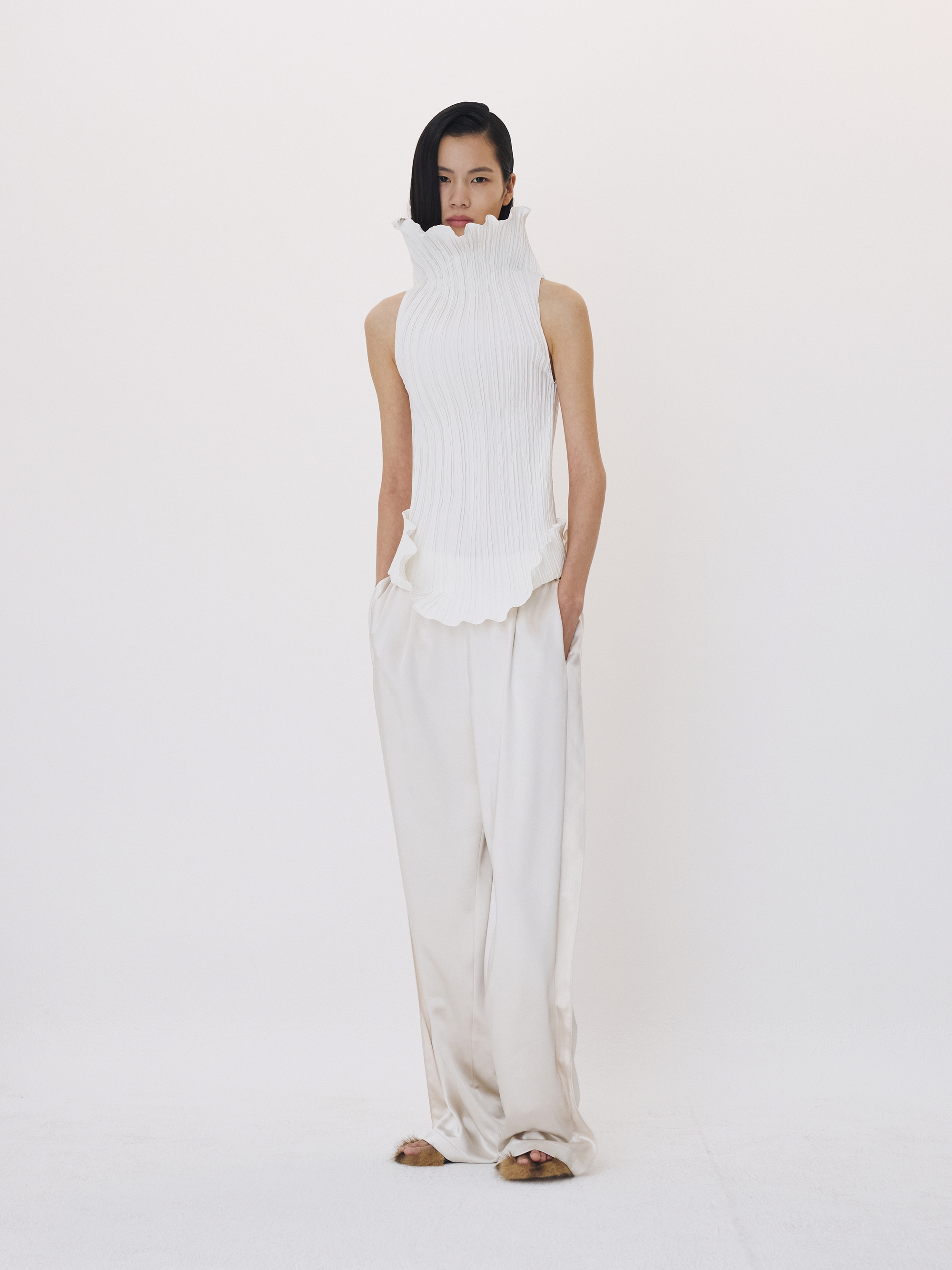 Pleated High Neck Top (Ivory)