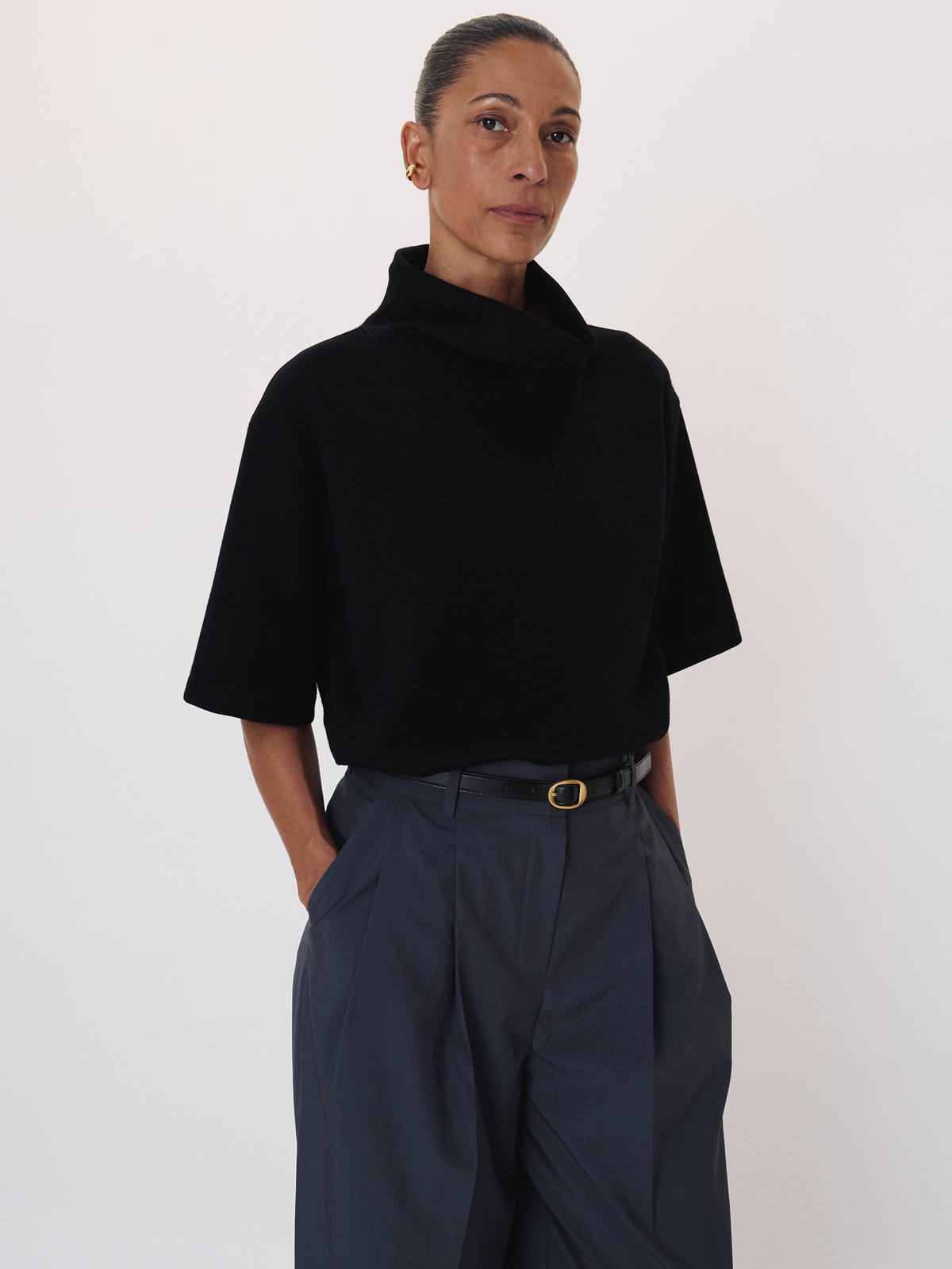 Scarf Neck Wool Jersey Top (Black)