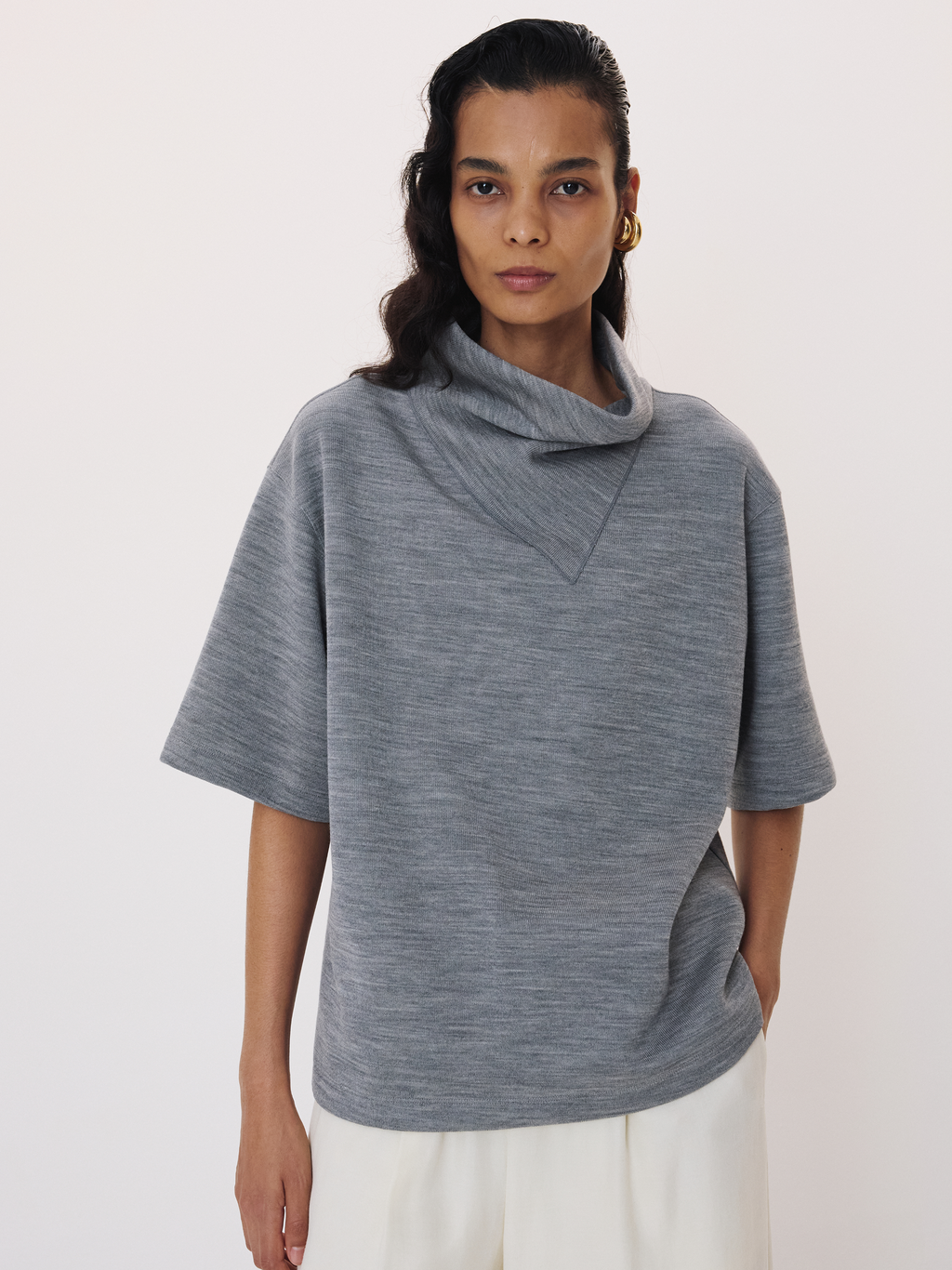 Scarf Neck Wool Jersey Top (Melange Grey)