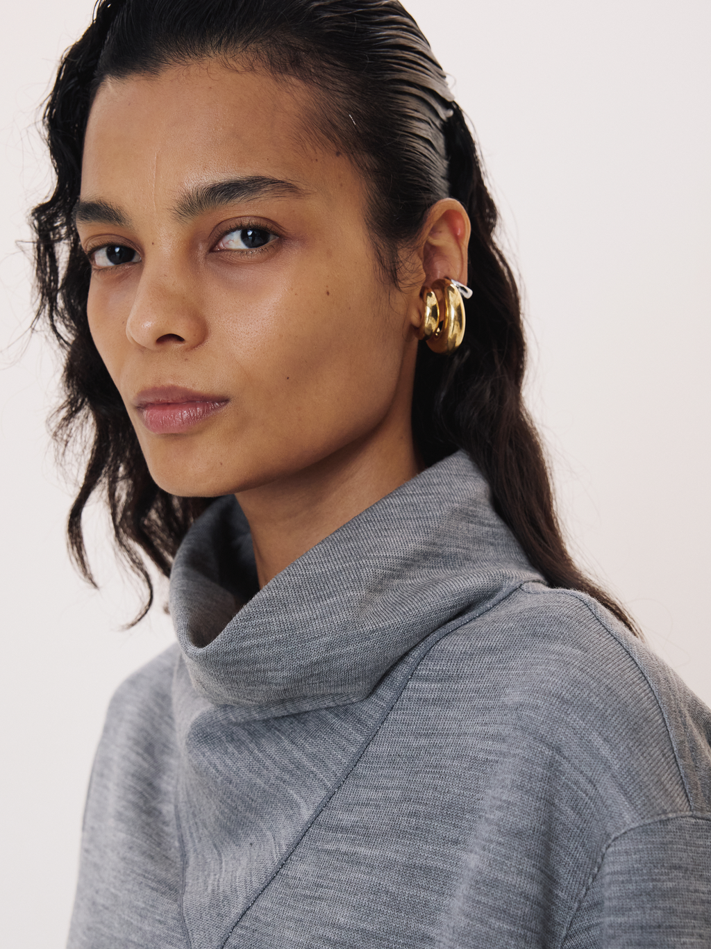Scarf Neck Wool Jersey Top (Melange Grey)