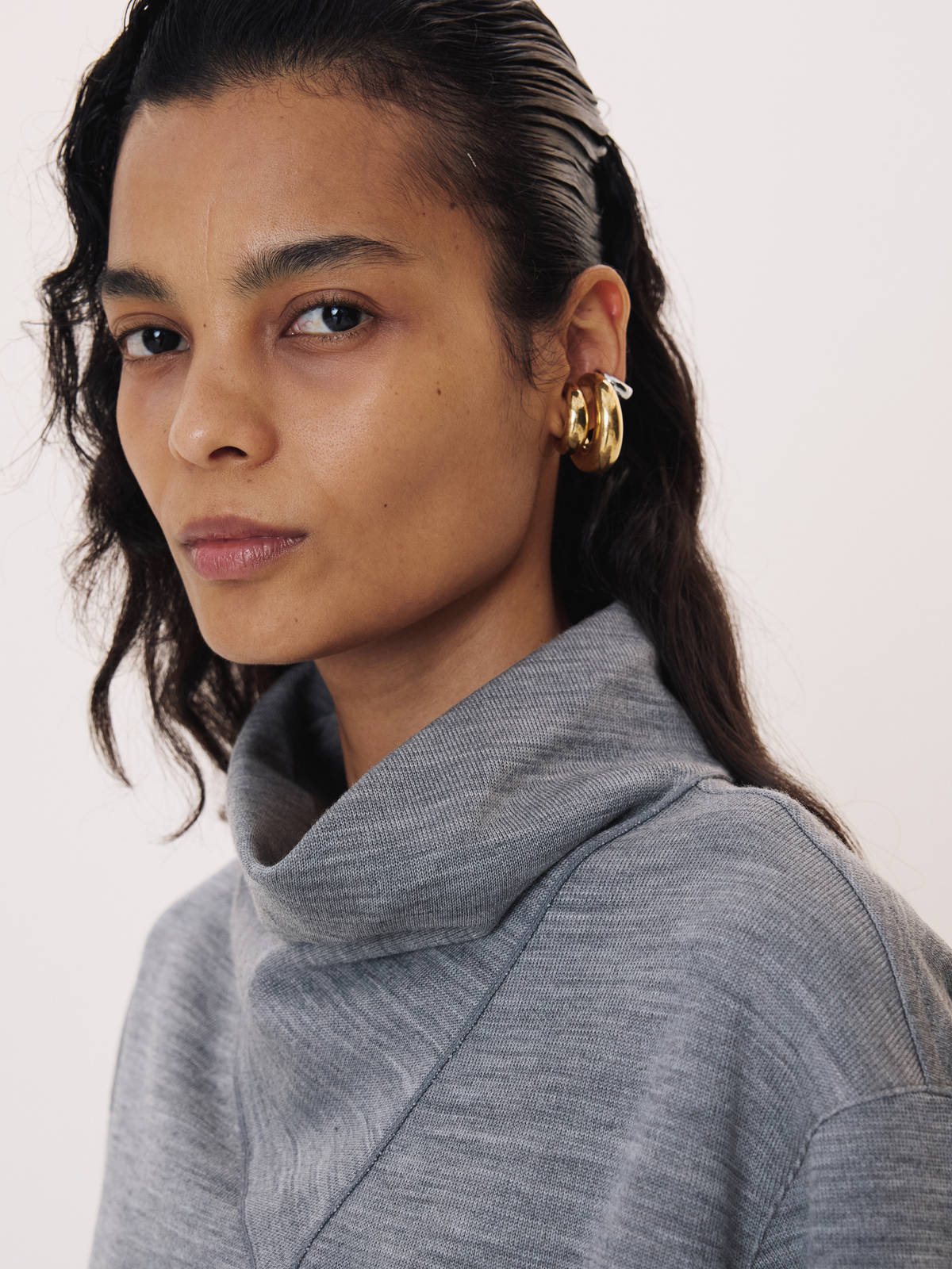 Scarf Neck Wool Jersey Top (Melange Grey)