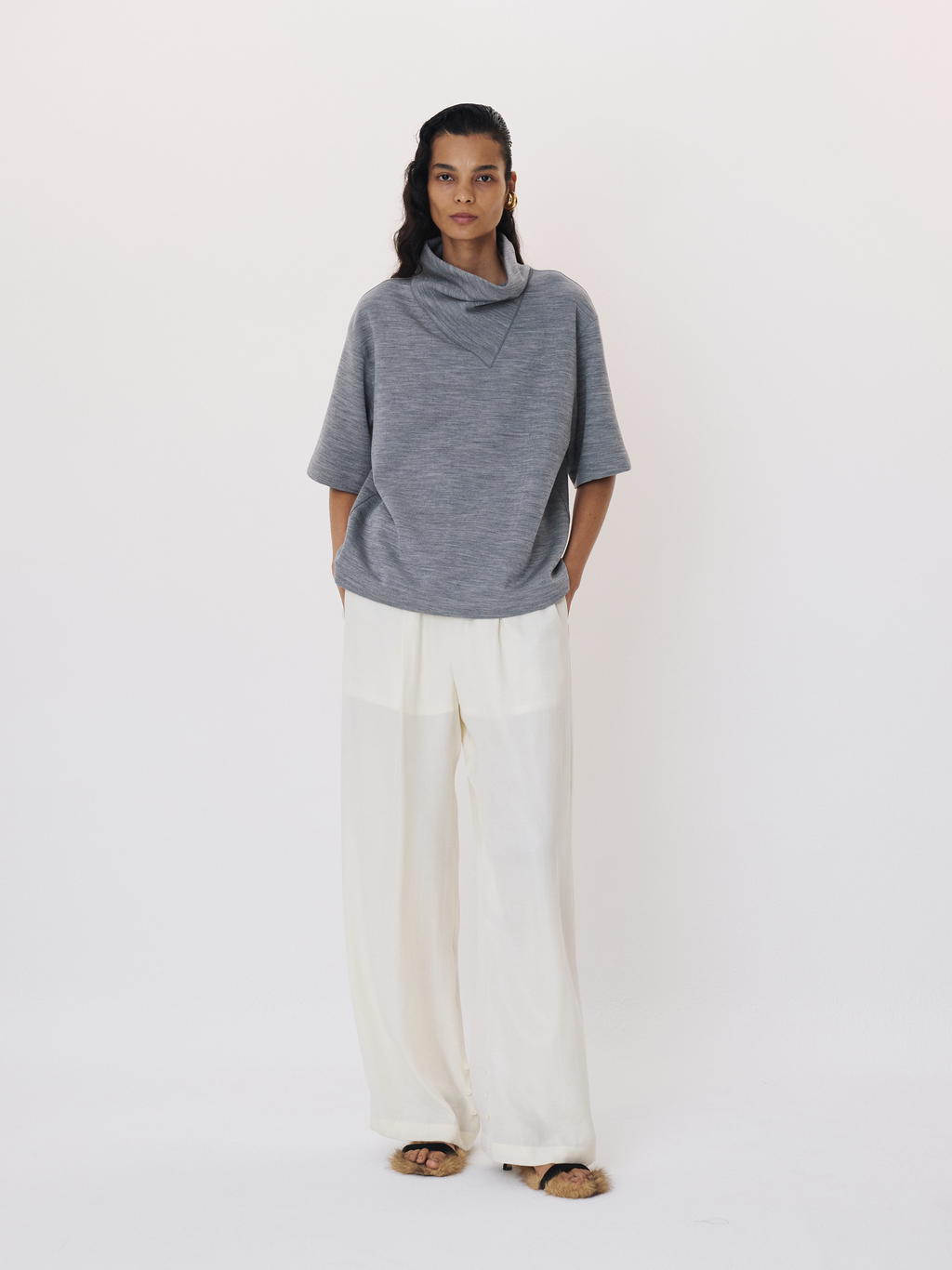 Scarf Neck Wool Jersey Top (Melange Grey)