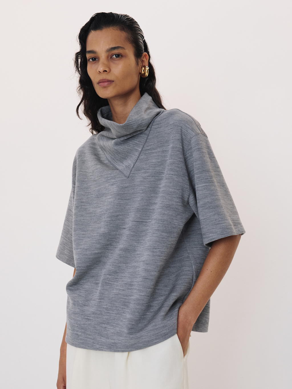 Scarf Neck Wool Jersey Top (Melange Grey)