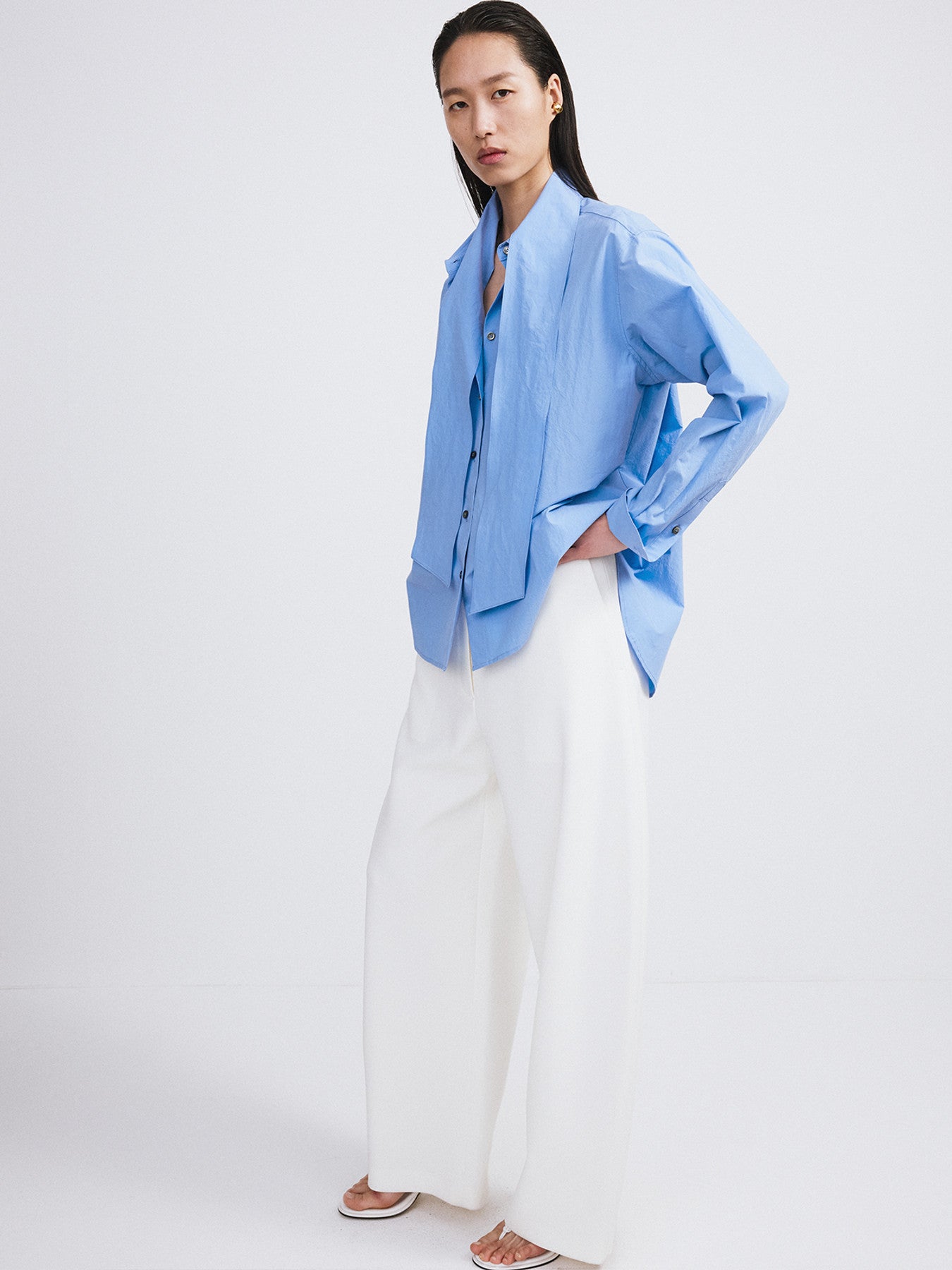Detachable Scarf Cotton Shirt (Baby Blue)