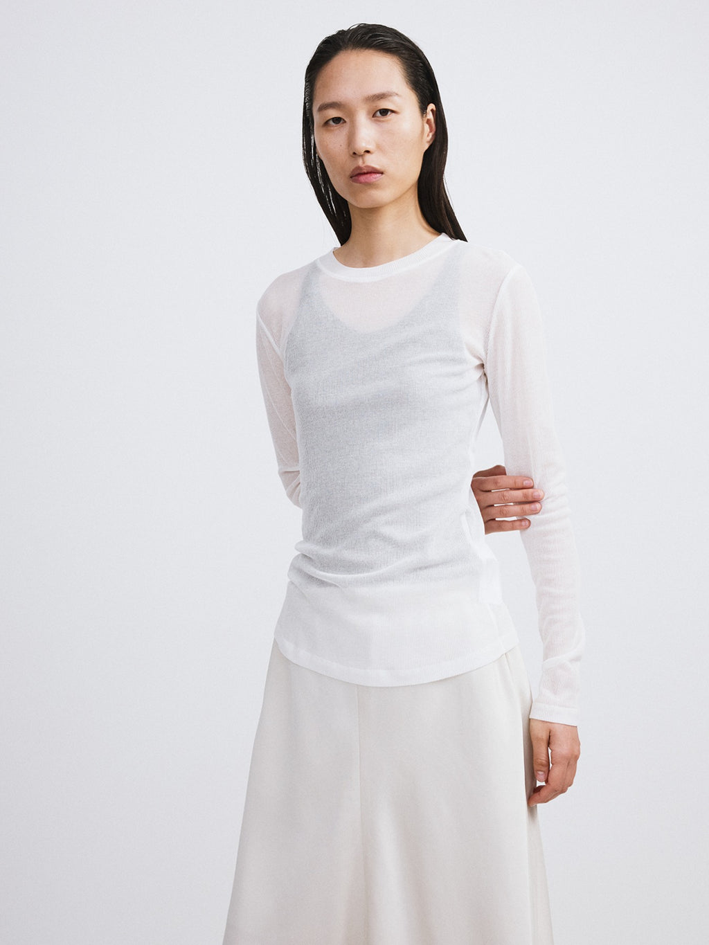 Sheer Jersey Long Sleeve Top (Off White)