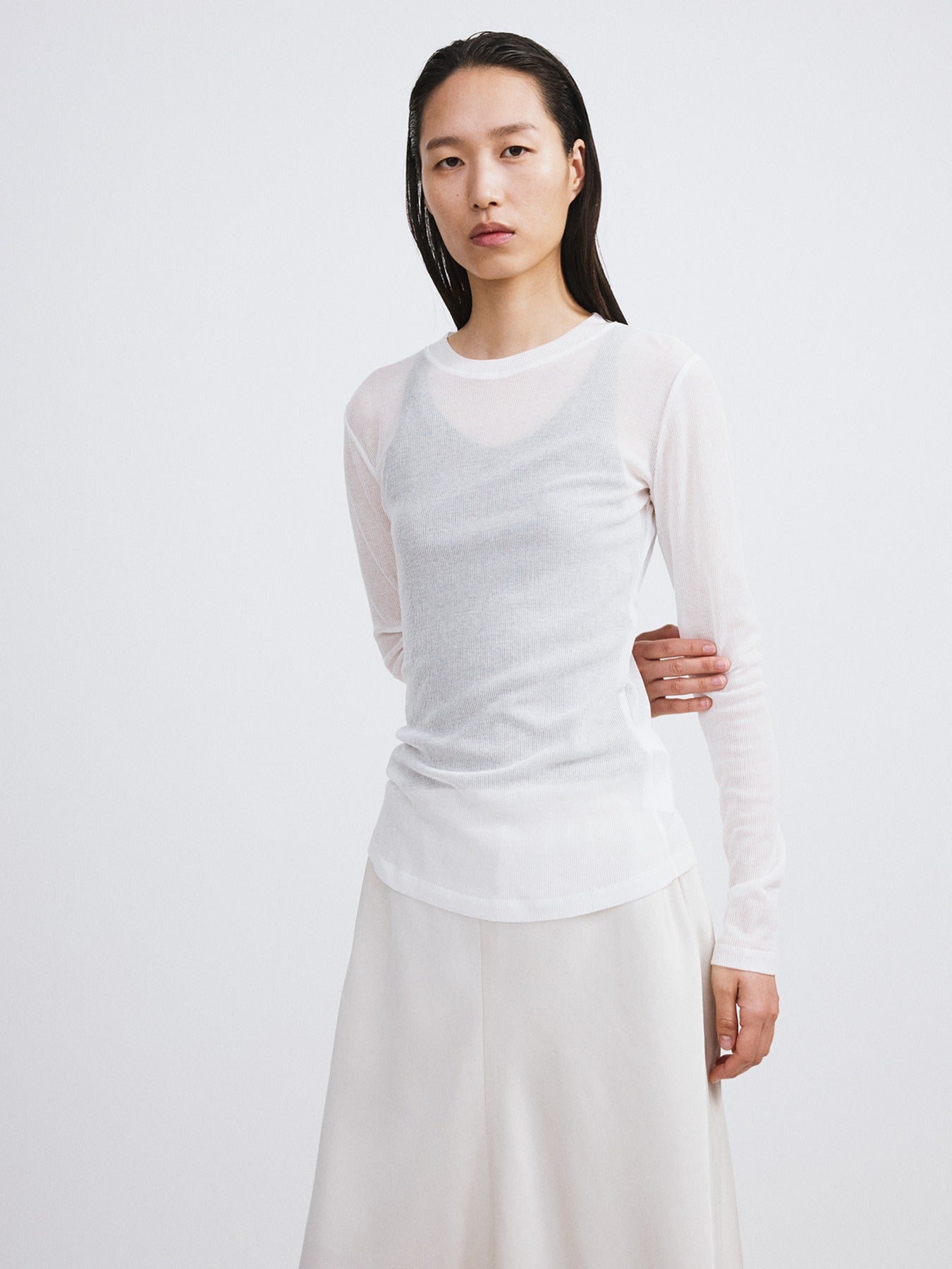 Sheer Jersey Long Sleeve Top (Off White)