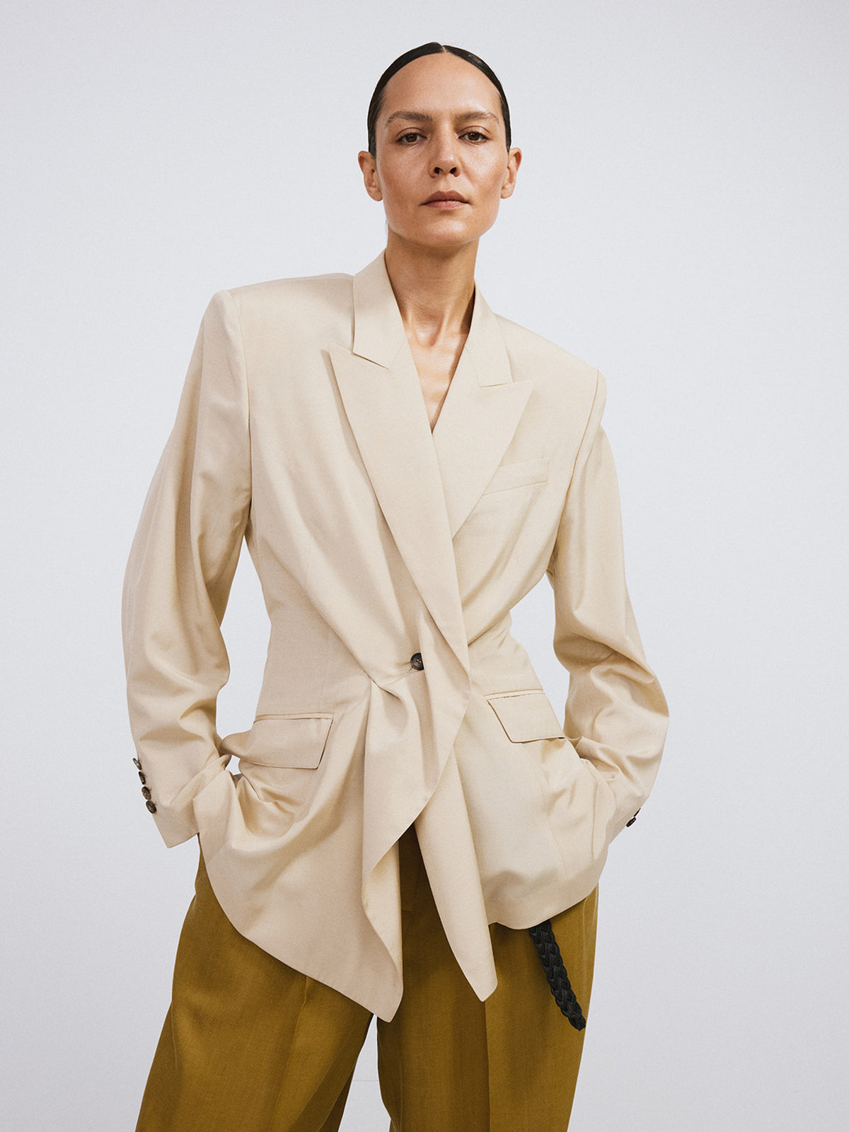 Drape Detail Suit Jacket (Light Beige)