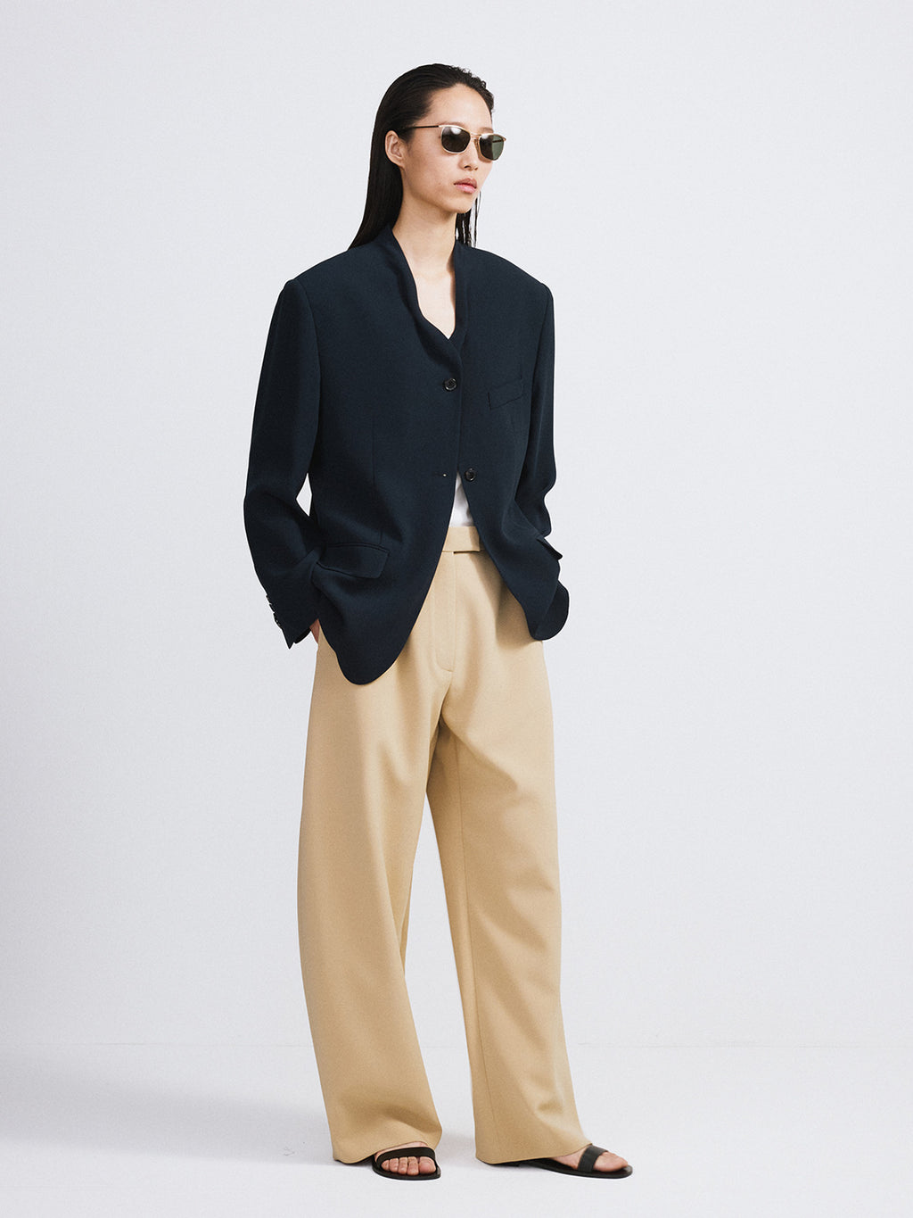 Collar Detail Fluid Suit Jacket (Dark Navy)