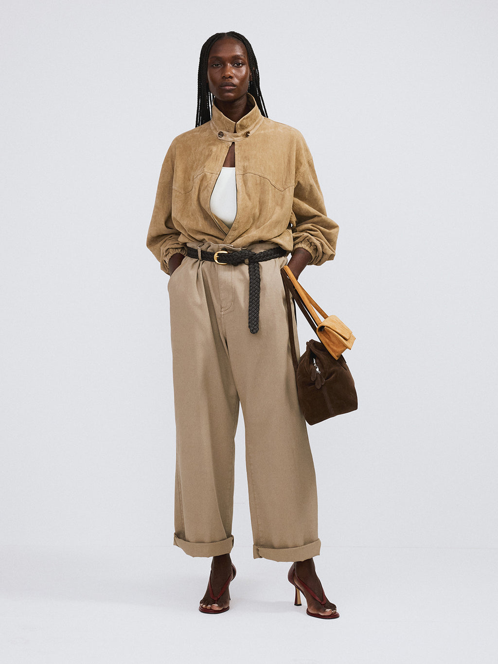Banding Detail Wide Cotton Pants (Light Khaki)