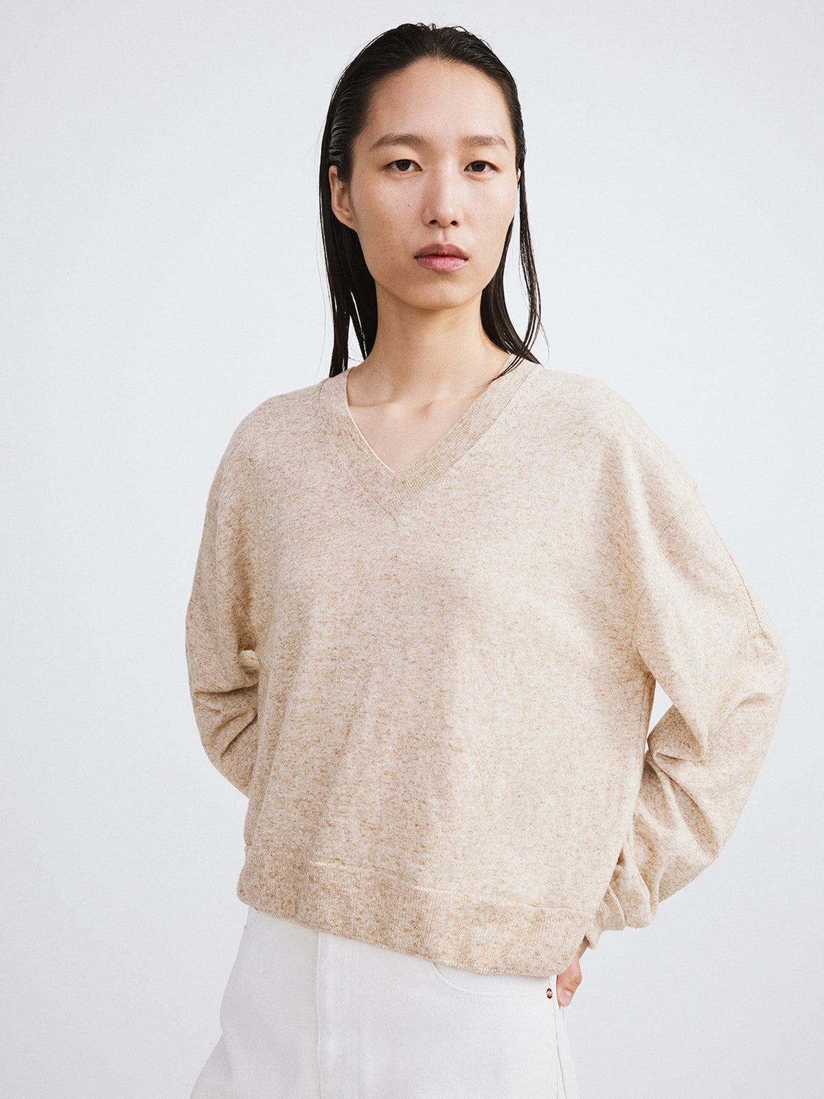 Melange V-Neck Loose Knit Top (Oatmeal)