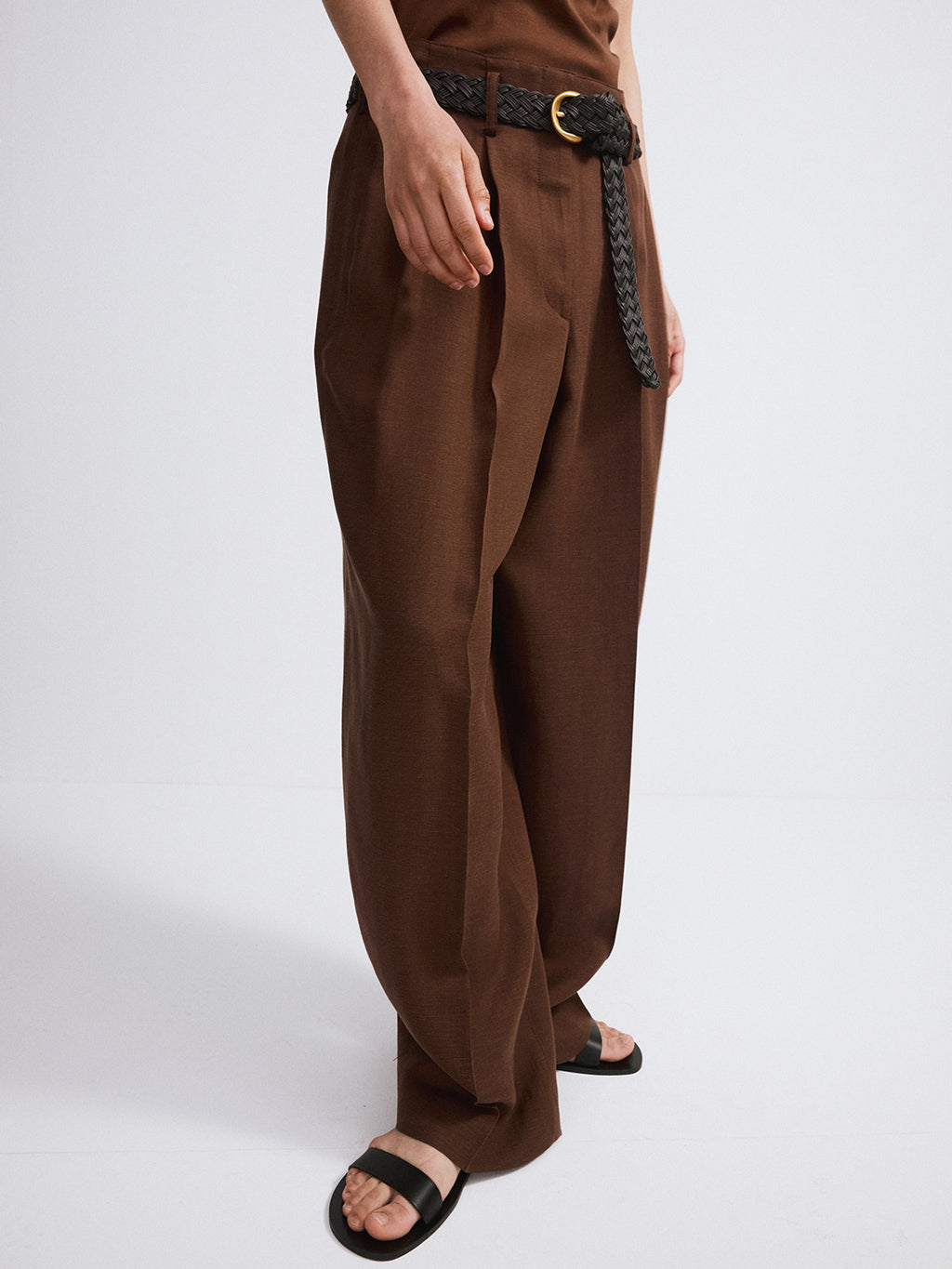 Linen Blend Pleated Pants (Chocolate Brown)
