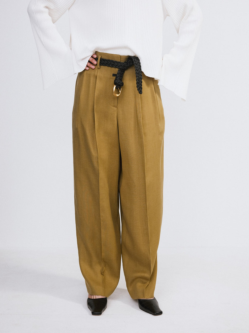 Linen Blend Pleated Pants (Beige Khaki)