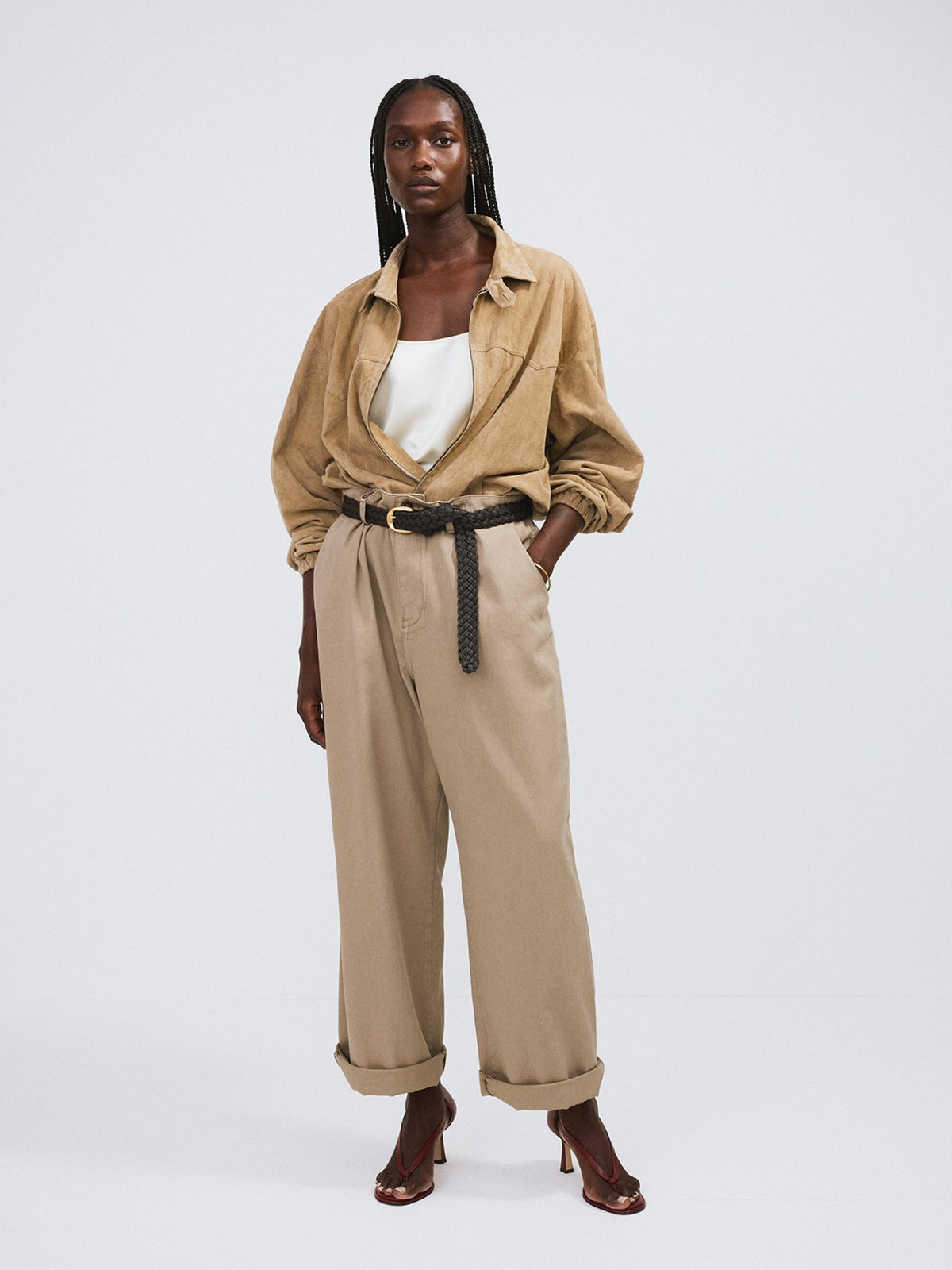 Banding Detail Wide Cotton Pants (Light Khaki)