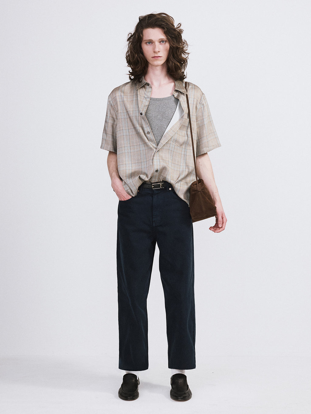 '70s Vintage Check Shirt (Beige Khaki)