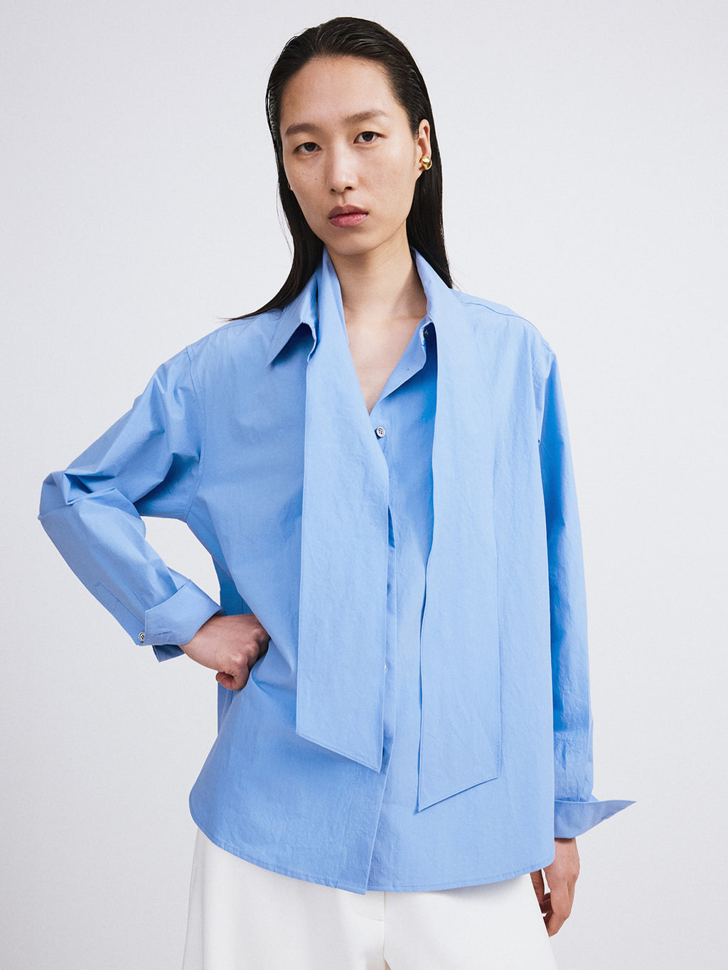 Detachable Scarf Cotton Shirt (Baby Blue)