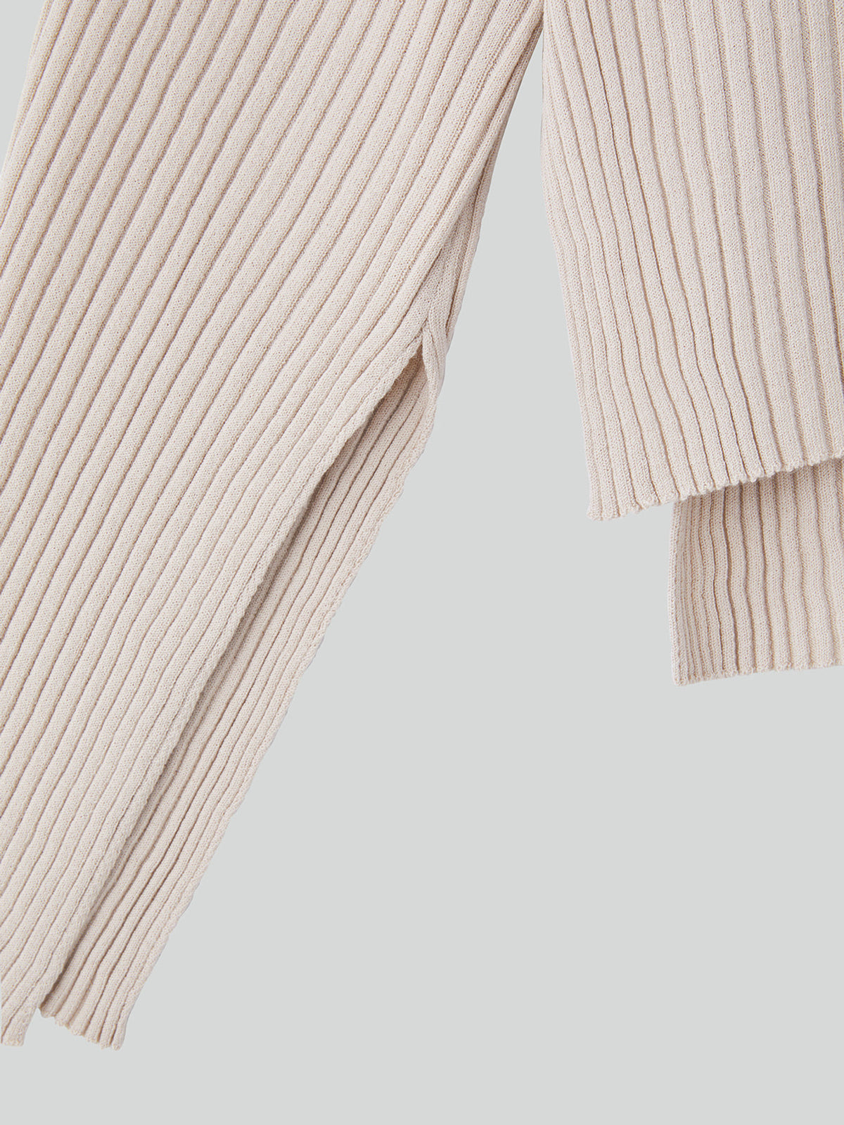 Slit-Cuffs Ribbed Knit Top (Light Beige)