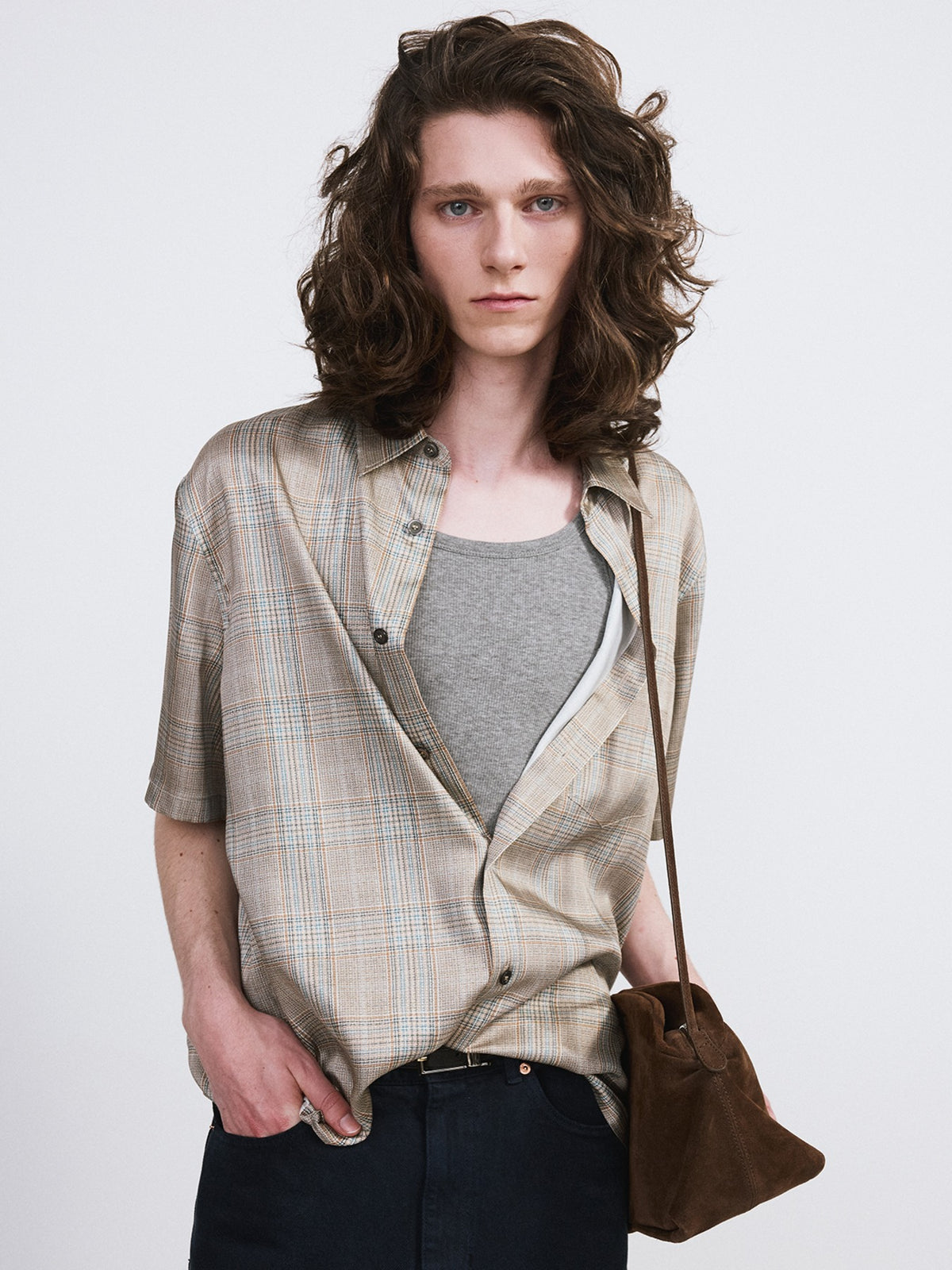 '70s Vintage Check Shirt (Beige Khaki)