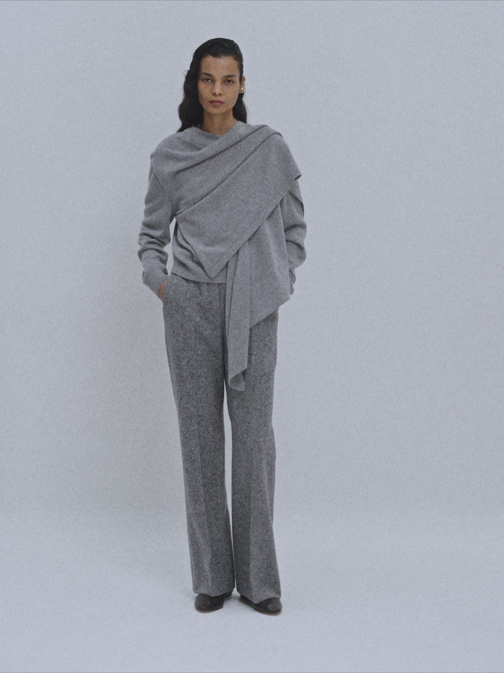 Layered Shawl Knit Top (Melange Grey)