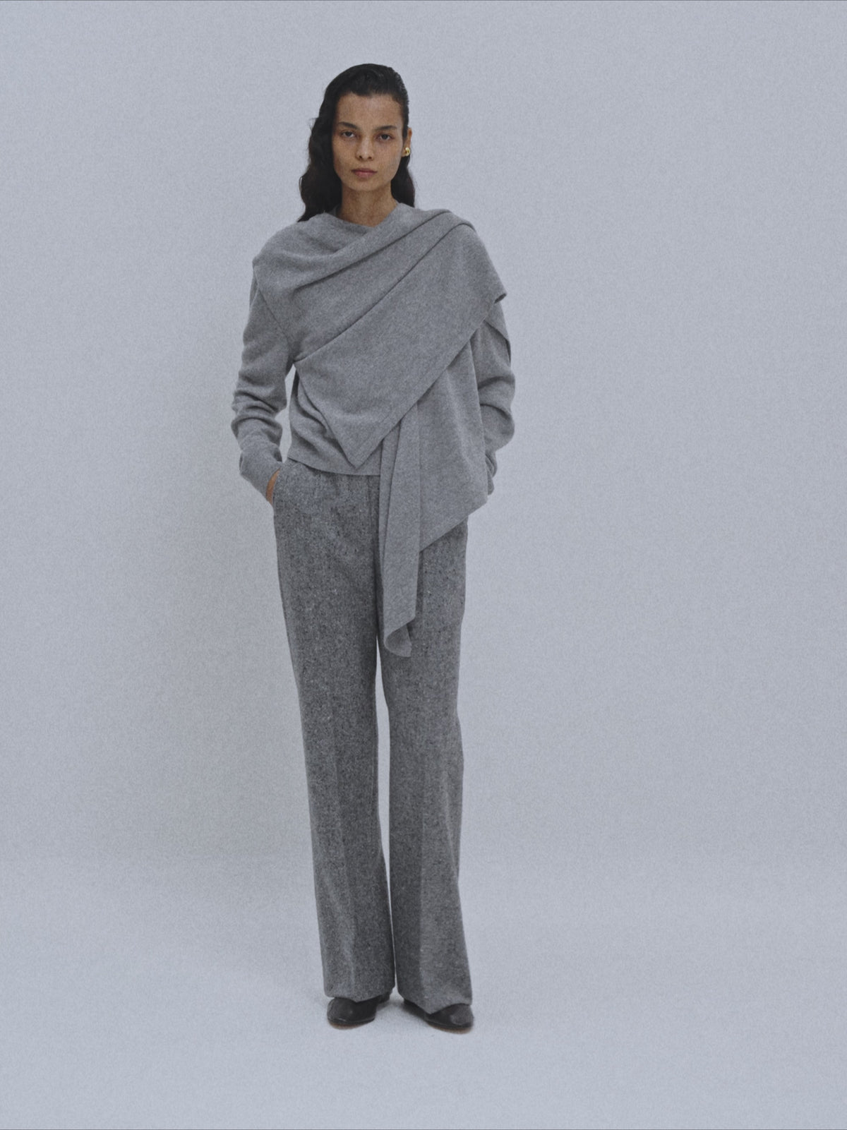 Layered Shawl Knit Top (Melange Grey)